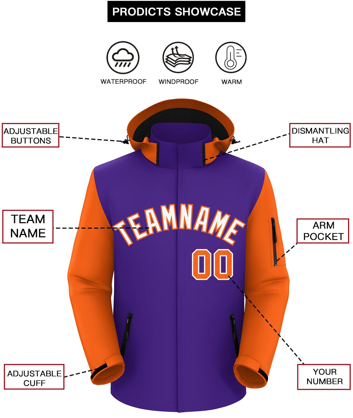 Custom Purple Orange-White Raglan Sleeves Waterproof Jacket