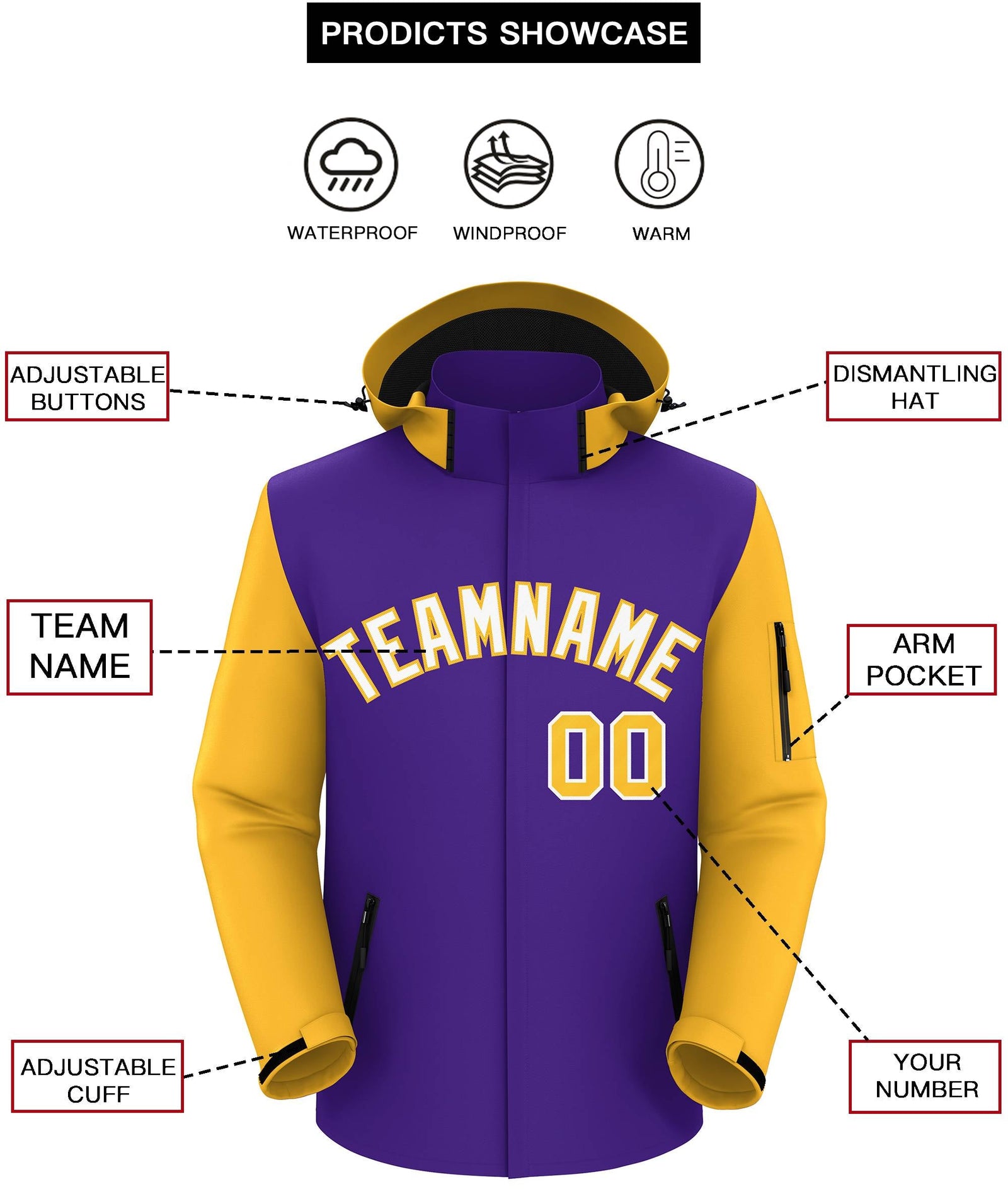 Custom Purple Gold-White Raglan Sleeves Waterproof Jacket