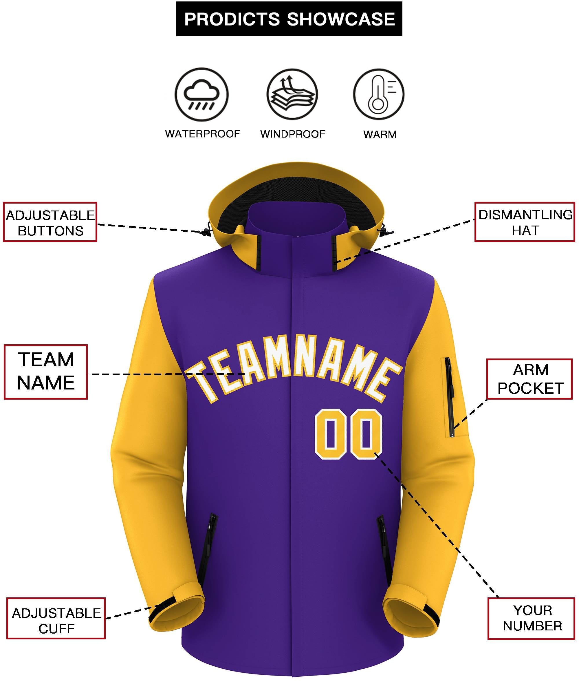 Custom Purple Gold-White Raglan Sleeves Waterproof Jacket