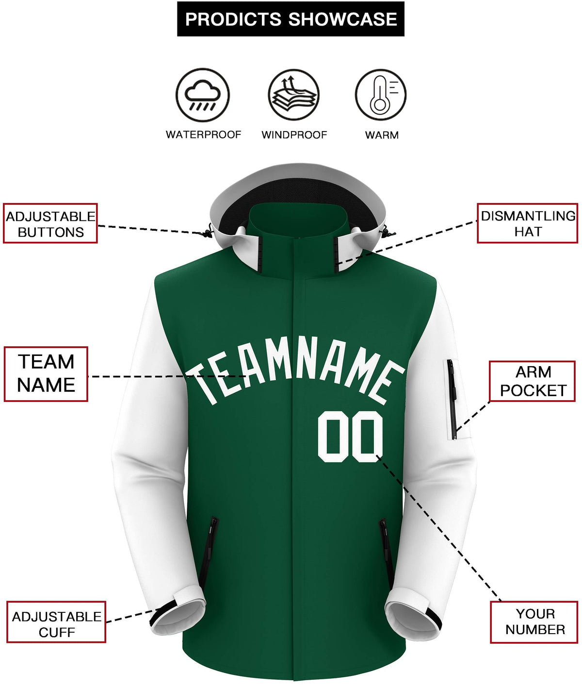 Custom Green White Raglan Sleeves Waterproof Jacket