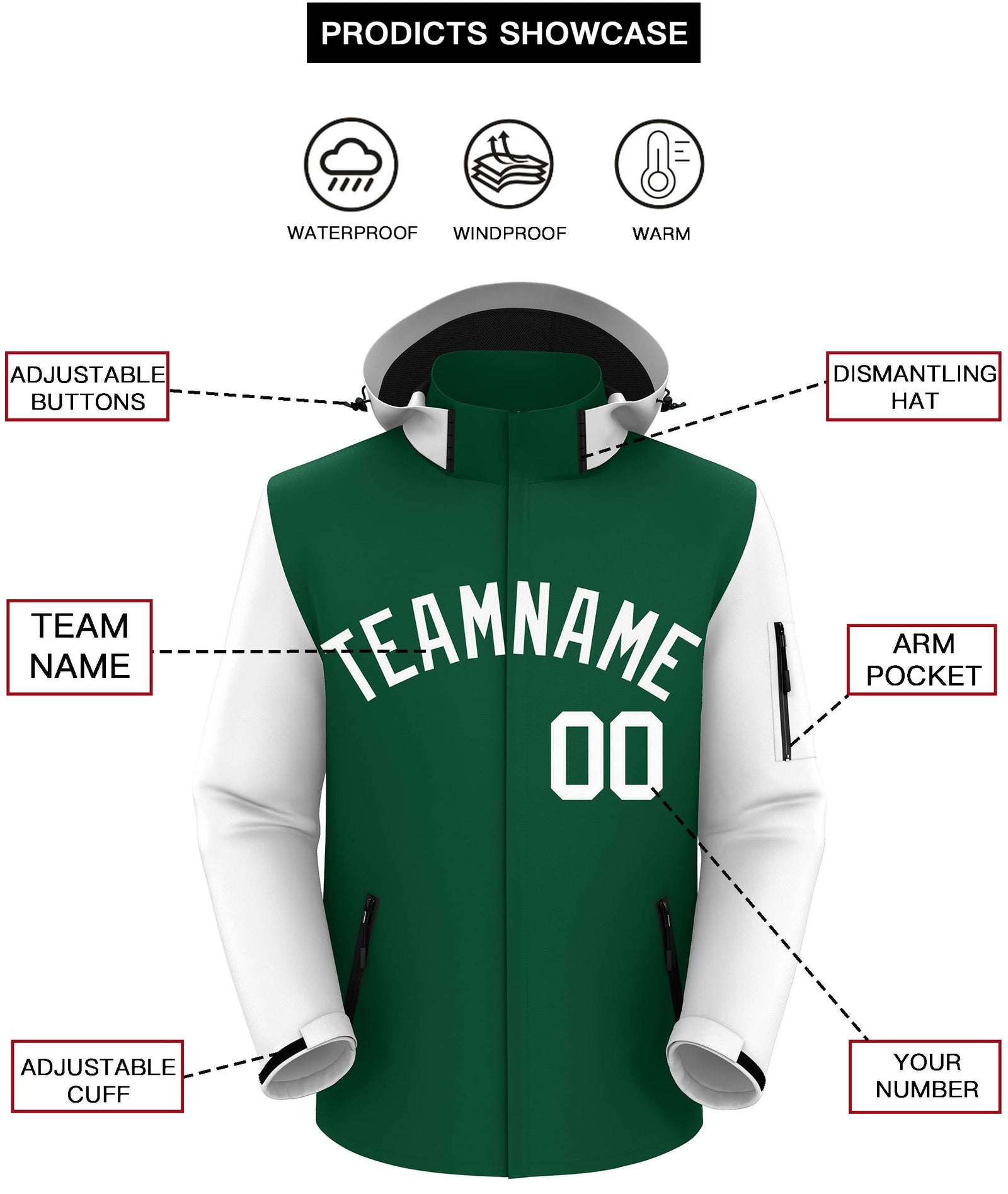 Custom Green White Raglan Sleeves Waterproof Jacket