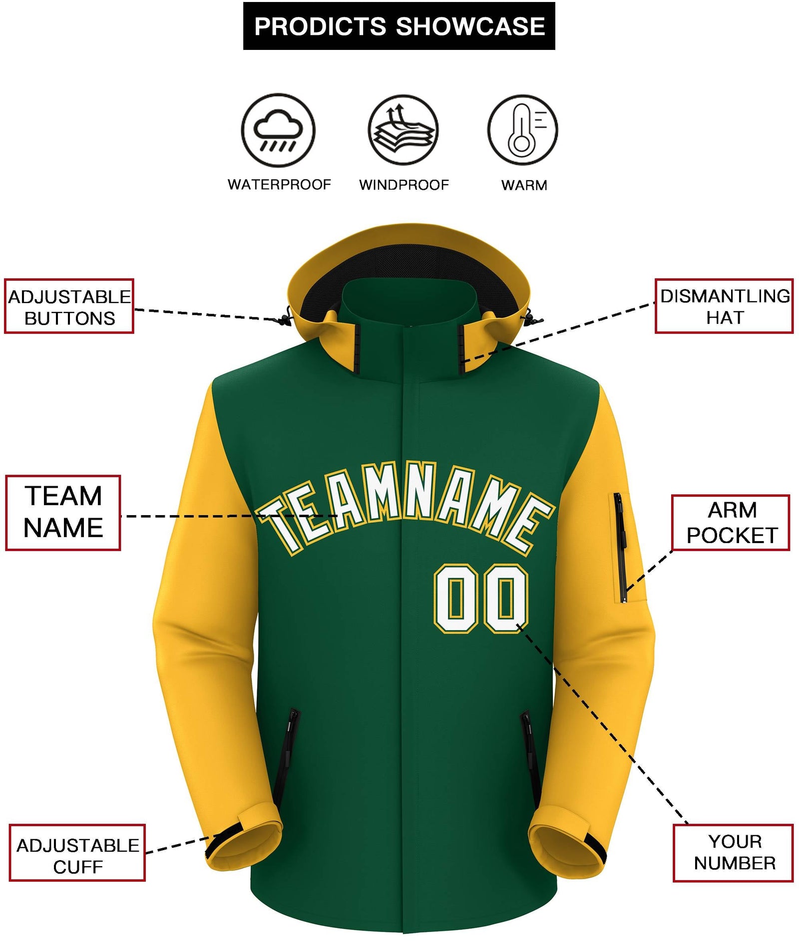 Custom Green Gold-White Raglan Sleeves Waterproof Jacket