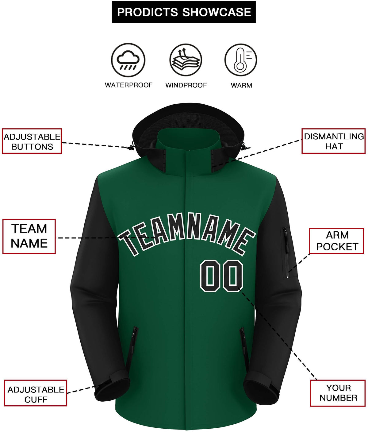 Custom Green Black-White Raglan Sleeves Waterproof Jacket