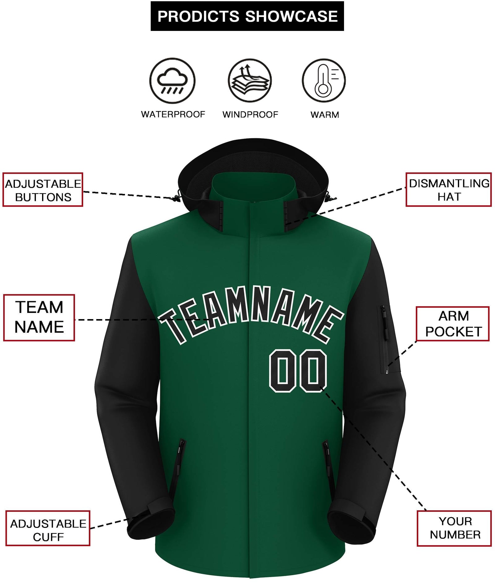Custom Green Black-White Raglan Sleeves Waterproof Jacket