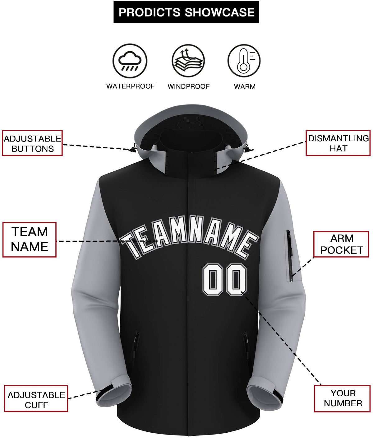 Custom Black Gray-White Raglan Sleeves Waterproof Jacket