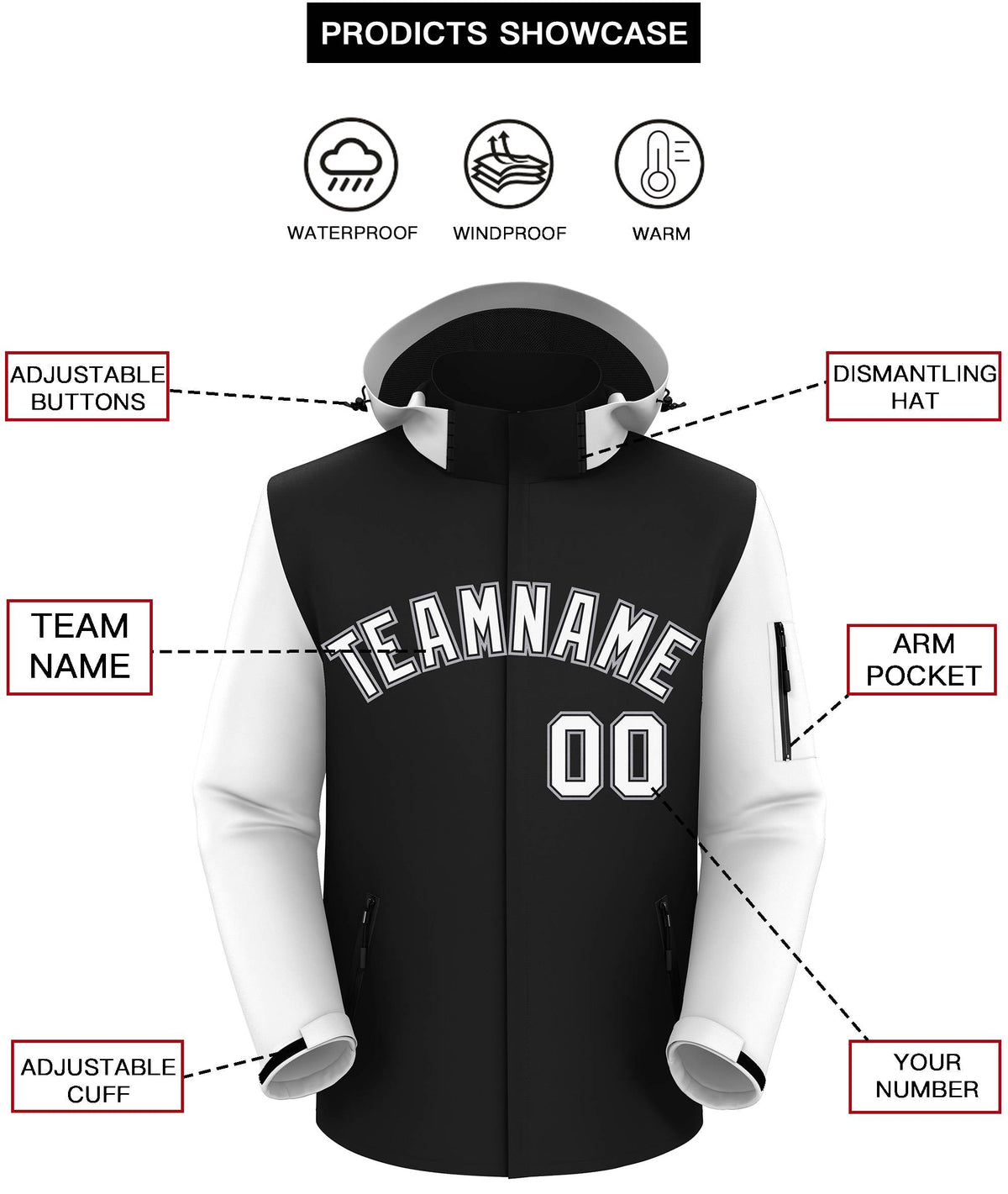 Custom Black White-Gray Raglan Sleeves Waterproof Jacket