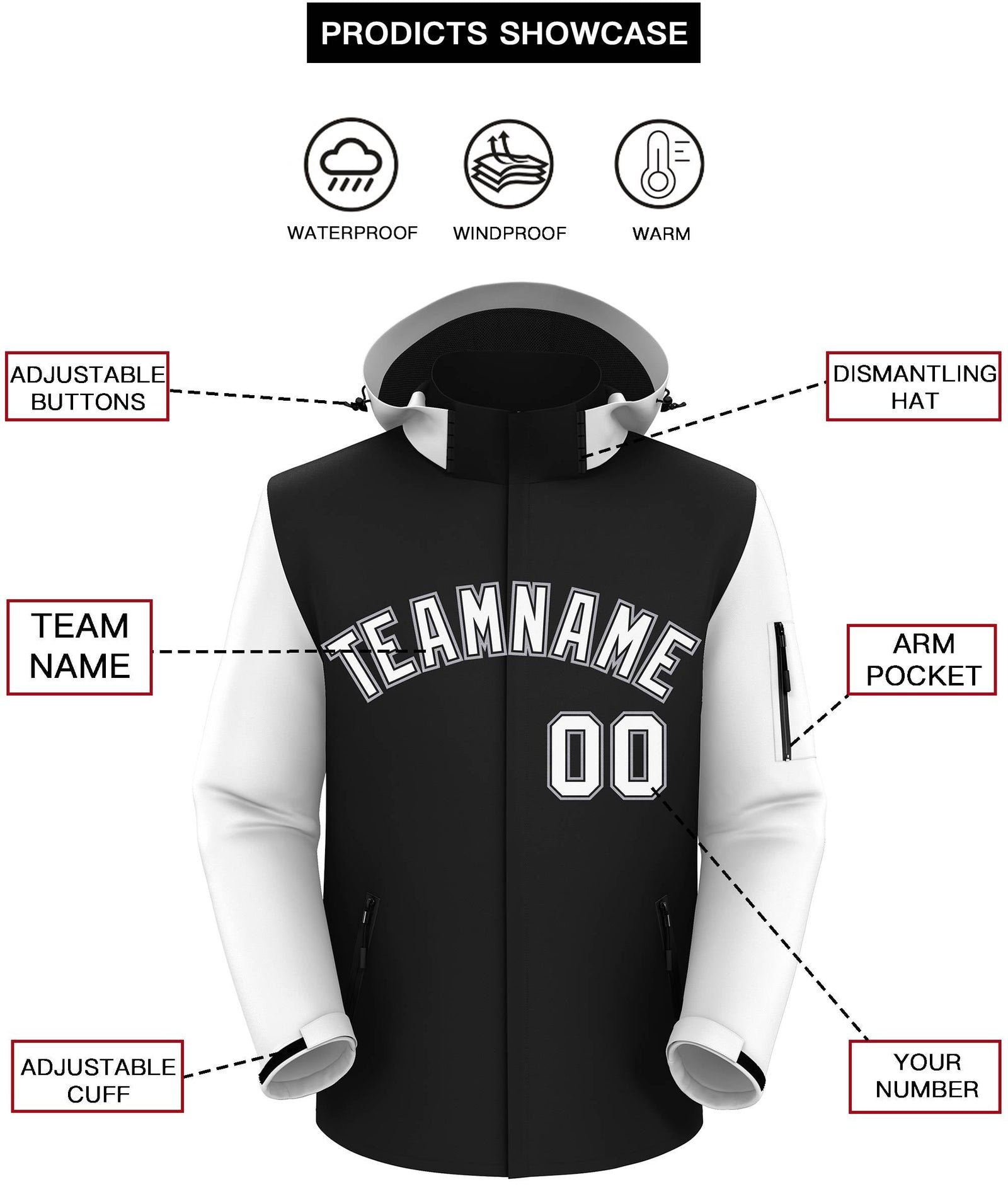 Custom Black White-Gray Raglan Sleeves Waterproof Jacket