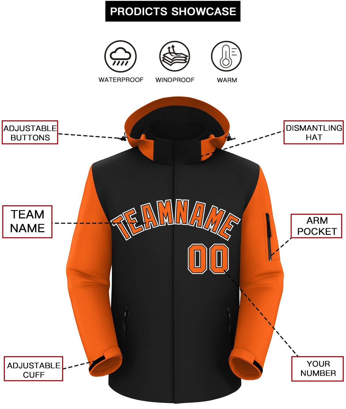 Custom Black Orange-White Raglan Sleeves Waterproof Jacket