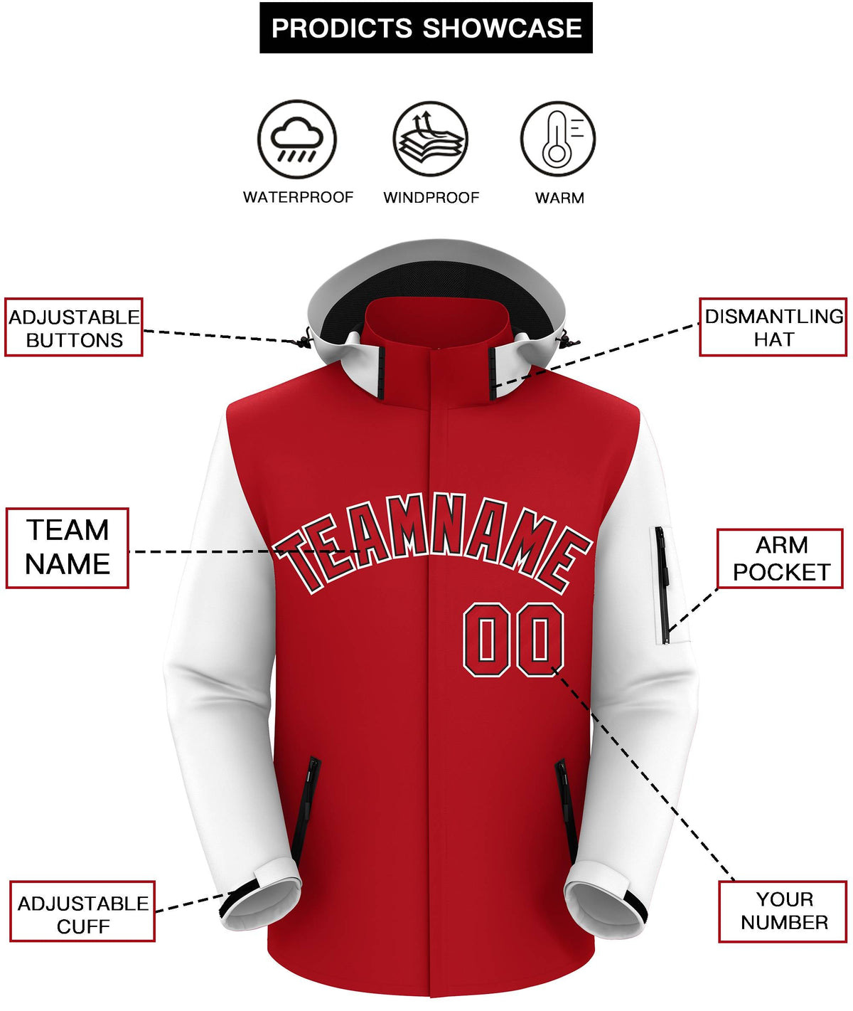 Custom Red White-Black Raglan Sleeves Waterproof Jacket