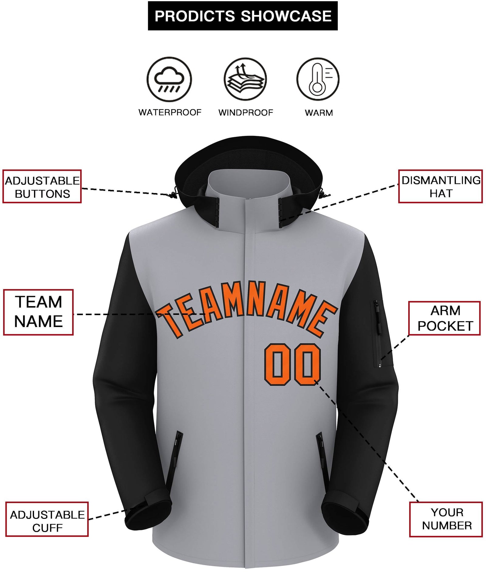 Custom Gray Black-Orange Raglan Sleeves Waterproof Jacket