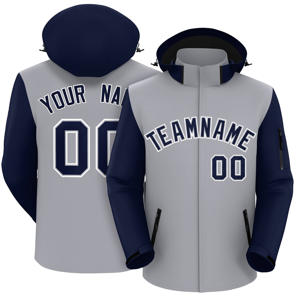 Custom Gray Navy-White Raglan Sleeves Waterproof Jacket