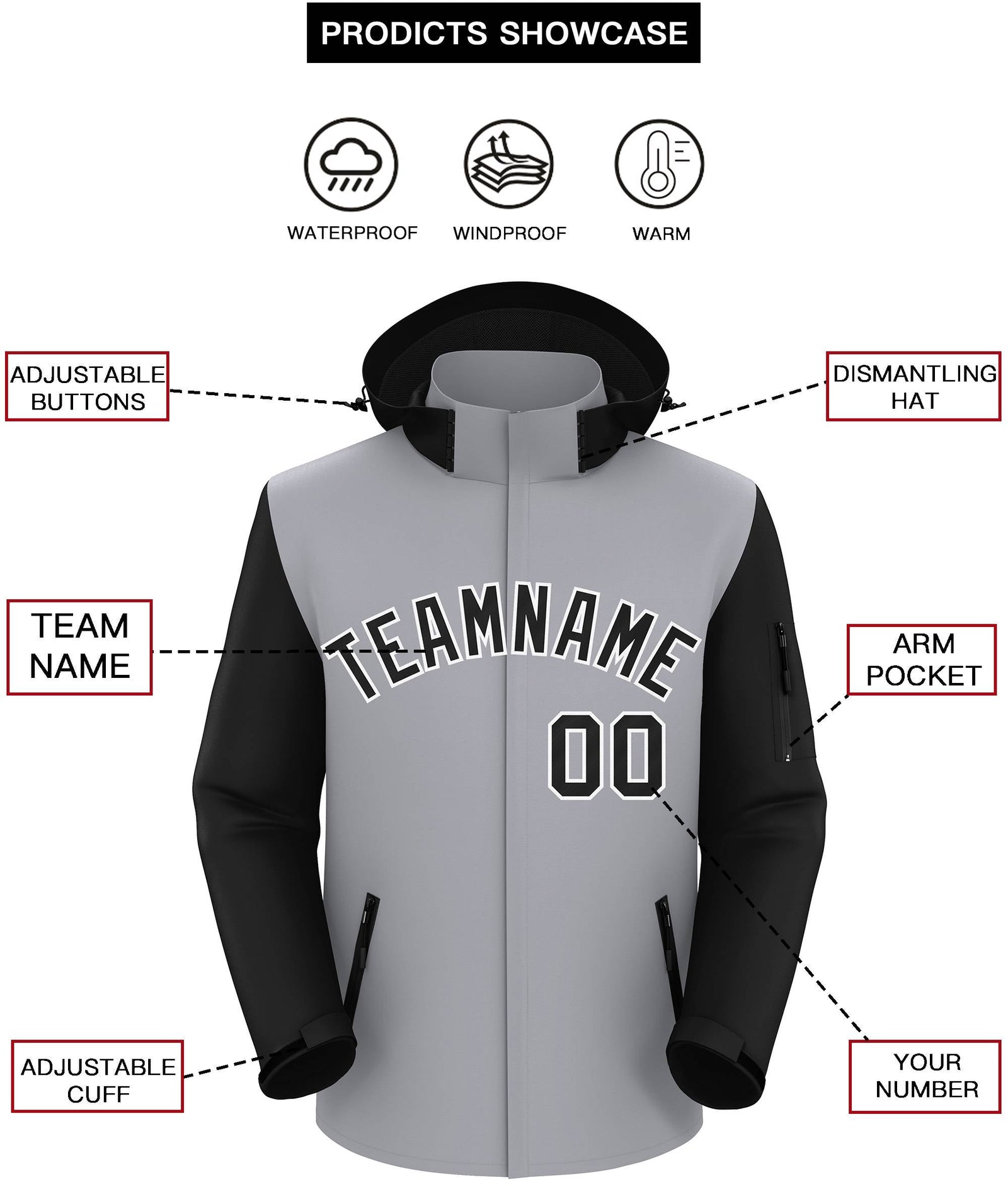 Custom Gray Black-White Raglan Sleeves Waterproof Jacket