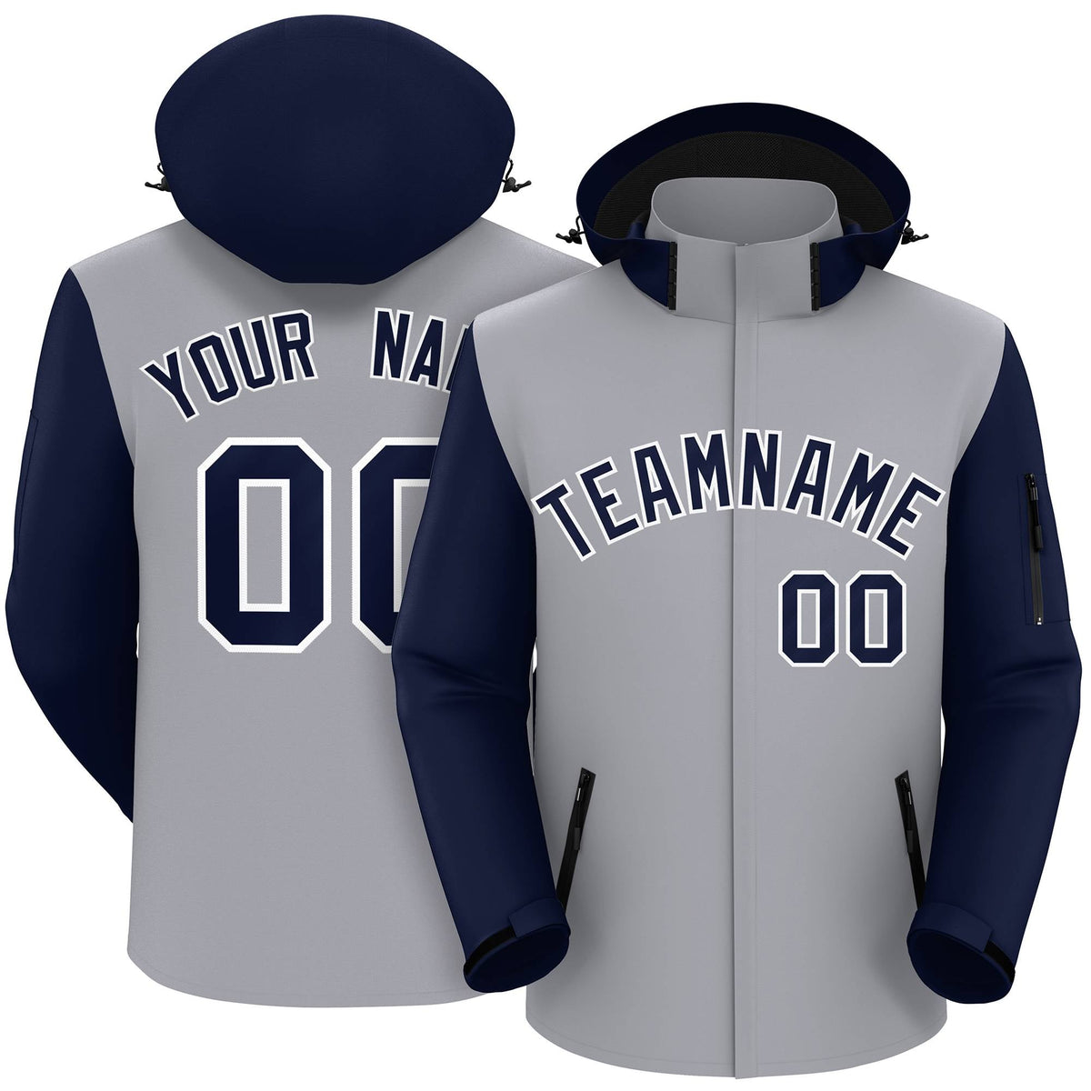 Custom Gray Navy-White Raglan Sleeves Waterproof Jacket