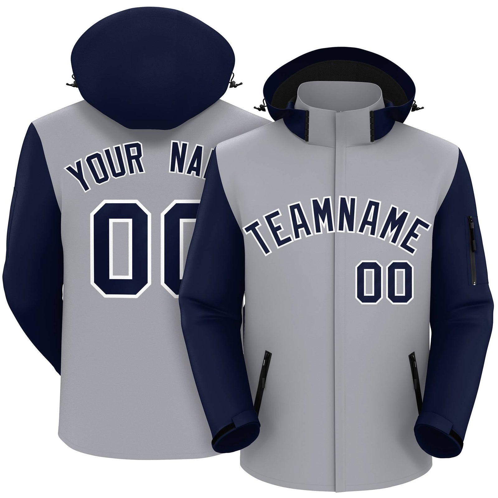 Custom Gray Navy-White Raglan Sleeves Waterproof Jacket