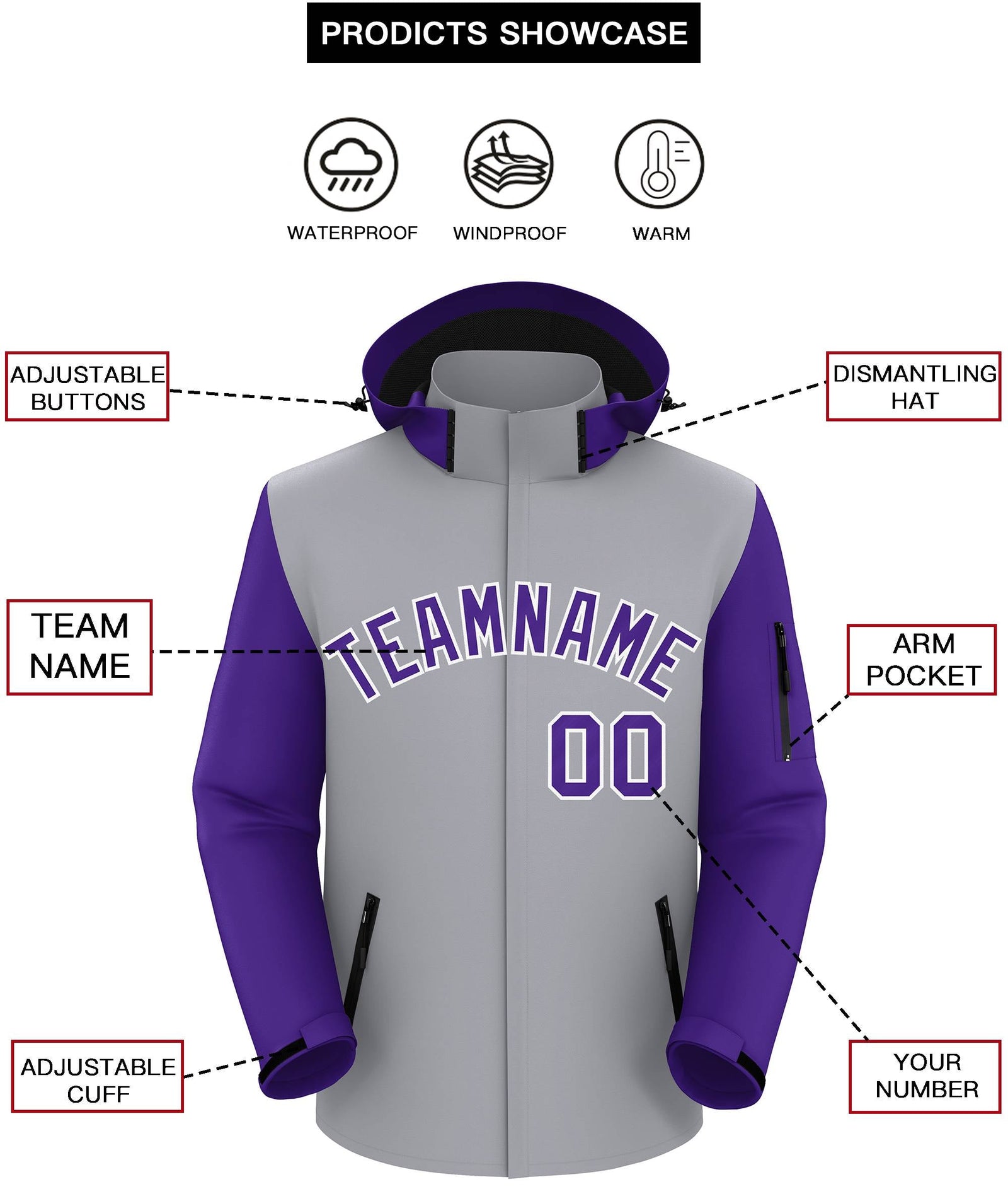 Custom Gray Purple-White Raglan Sleeves Waterproof Jacket