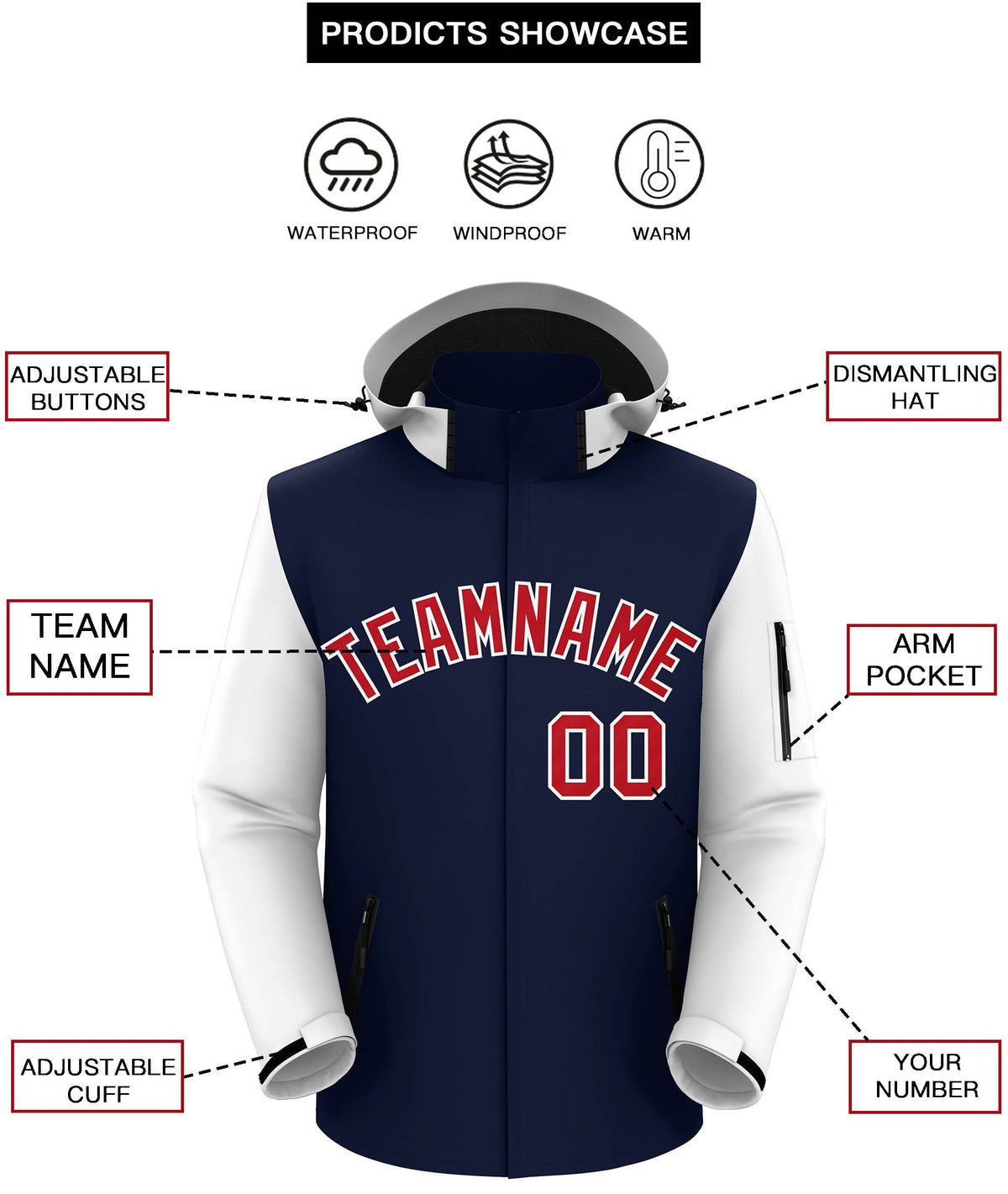 Custom Navy White-White Raglan Sleeves Waterproof Jacket
