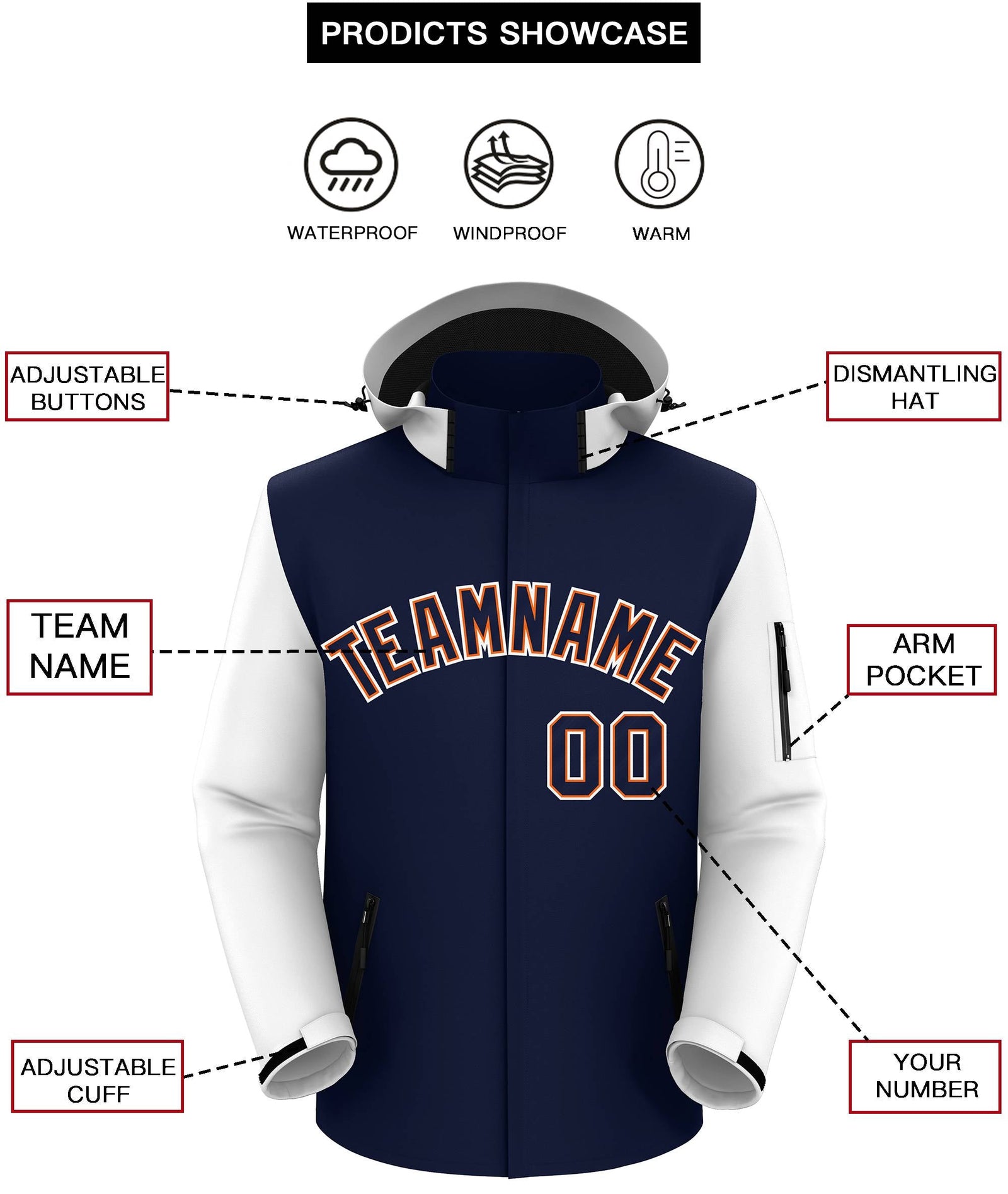 Custom Navy White-Orange Raglan Sleeves Waterproof Jacket
