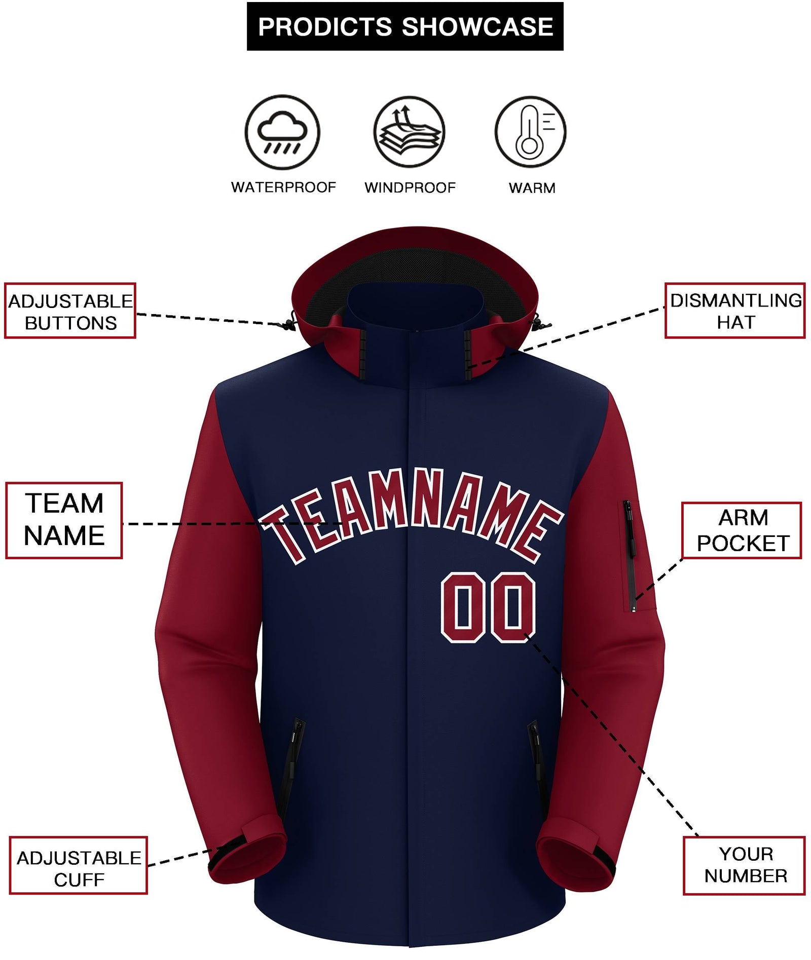 Custom Navy Crimson-White Raglan Sleeves Waterproof Jacket