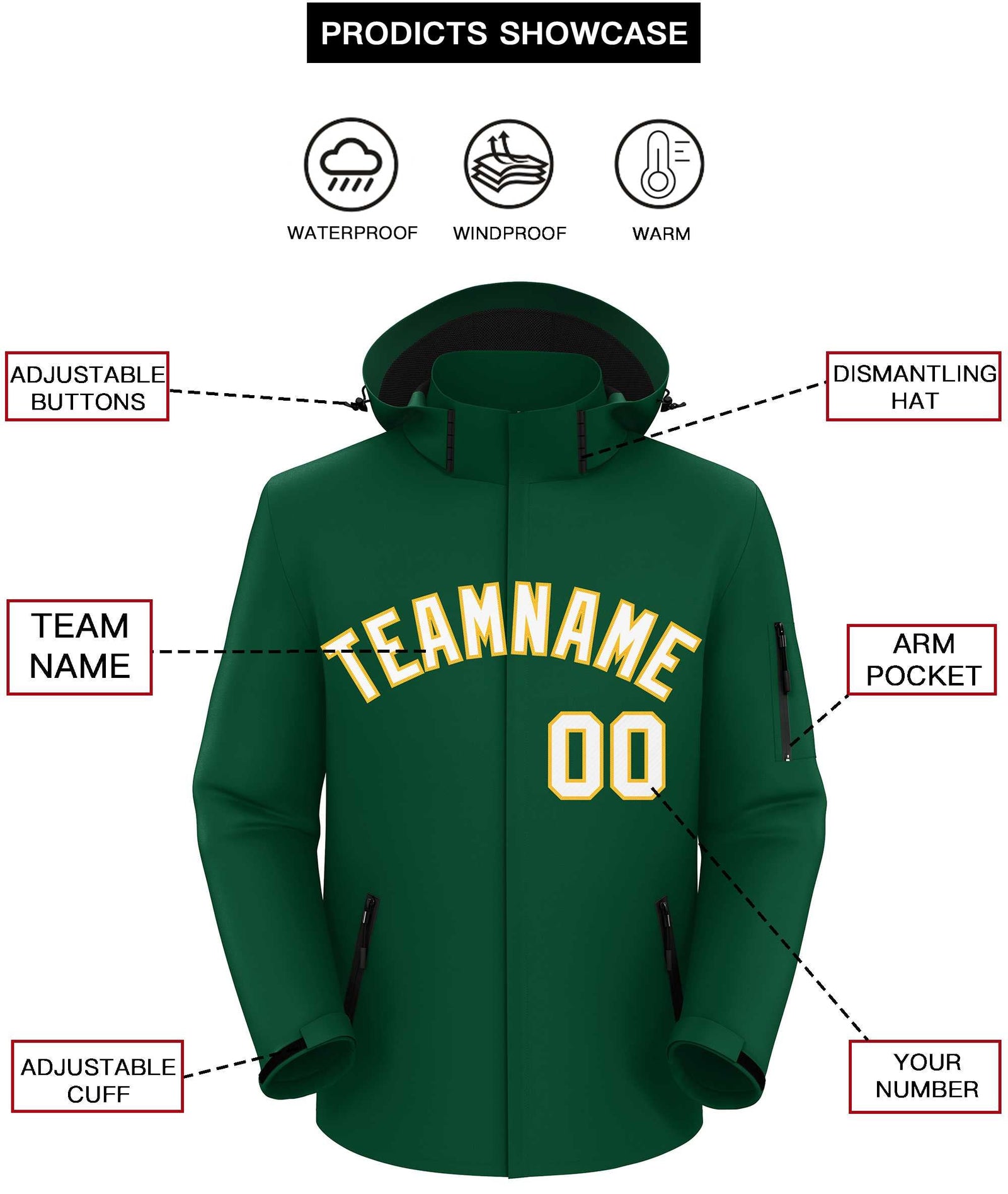 Custom Green White-Gold Classic Style Waterproof Jacket