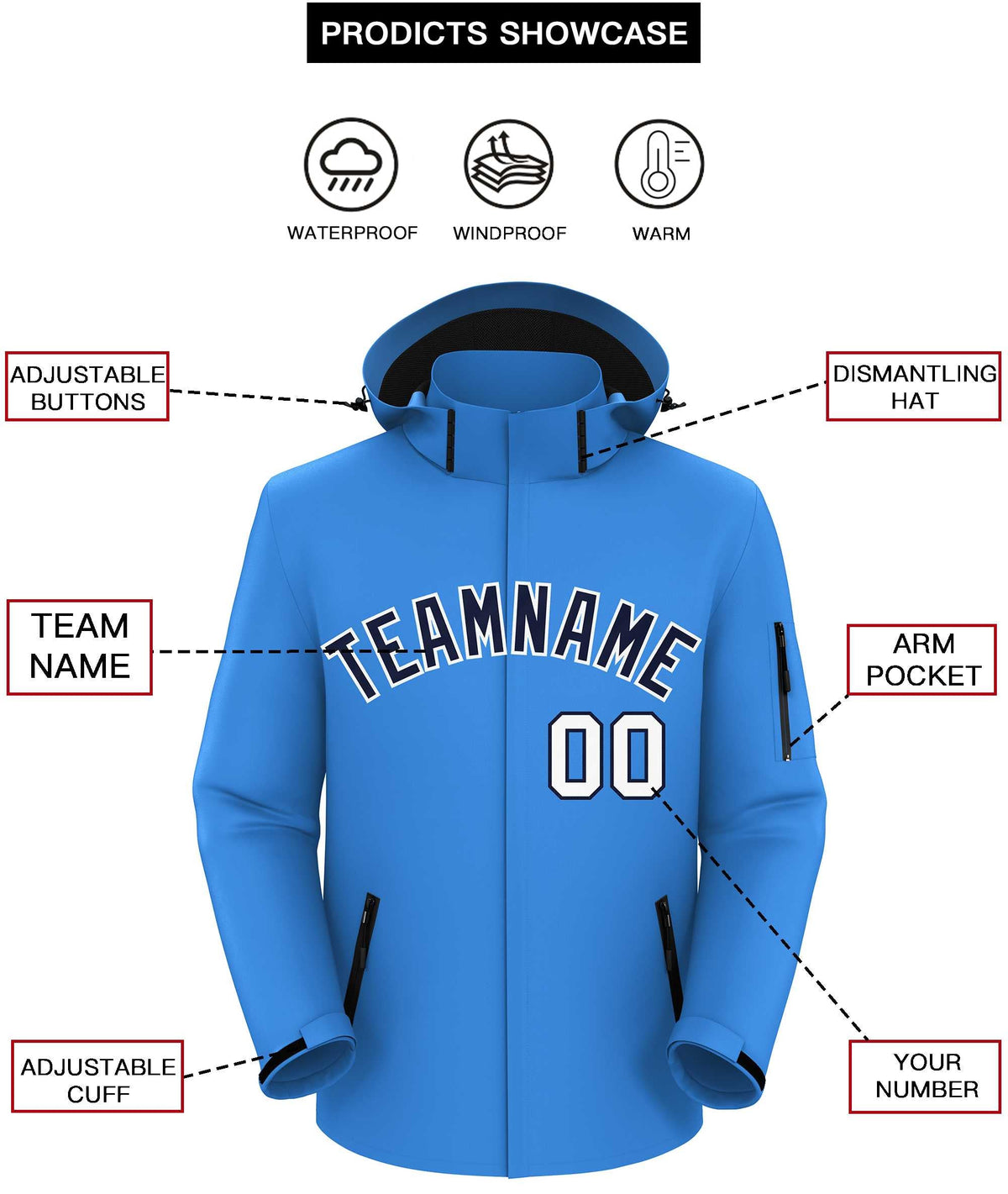 Custom Powder Blue Navy-White Classic Style Waterproof Jacket