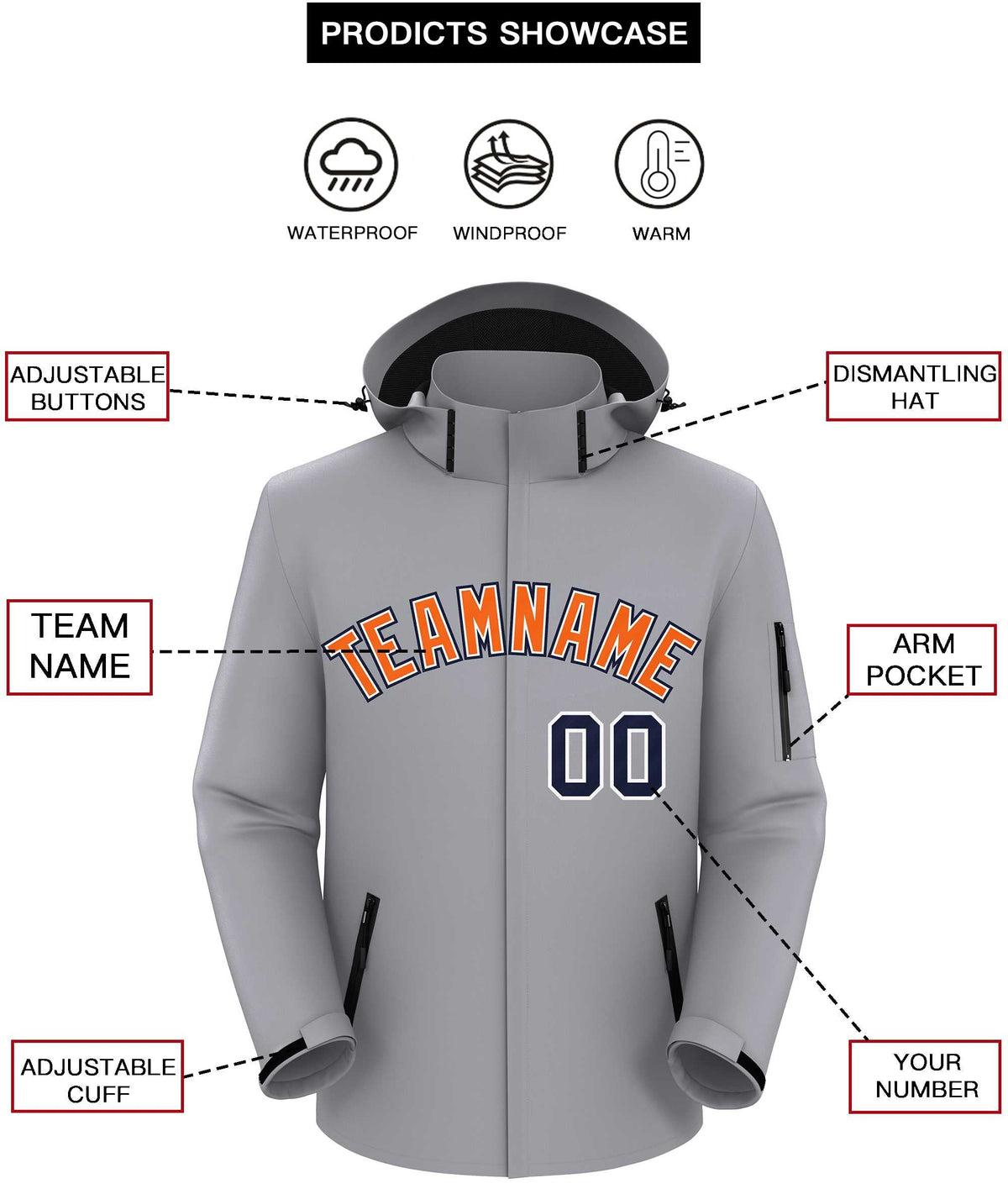 Custom Gray Orange-Navy Classic Style Waterproof Jacket