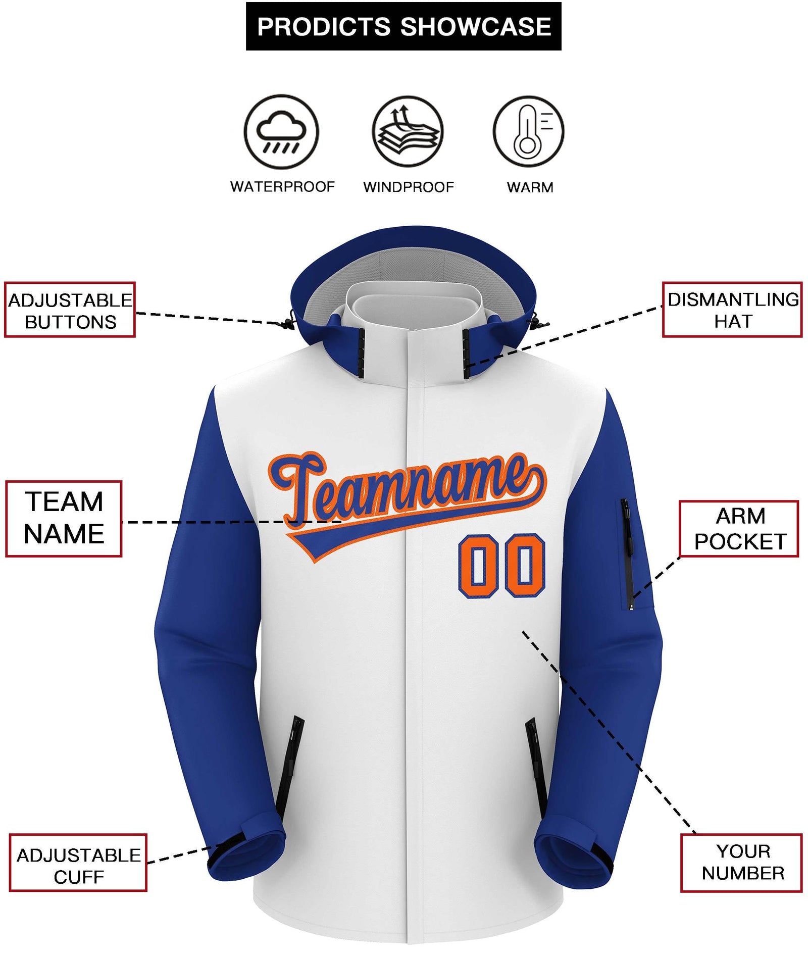 Custom White Royal-Orange Raglan Sleeves Waterproof Jacket
