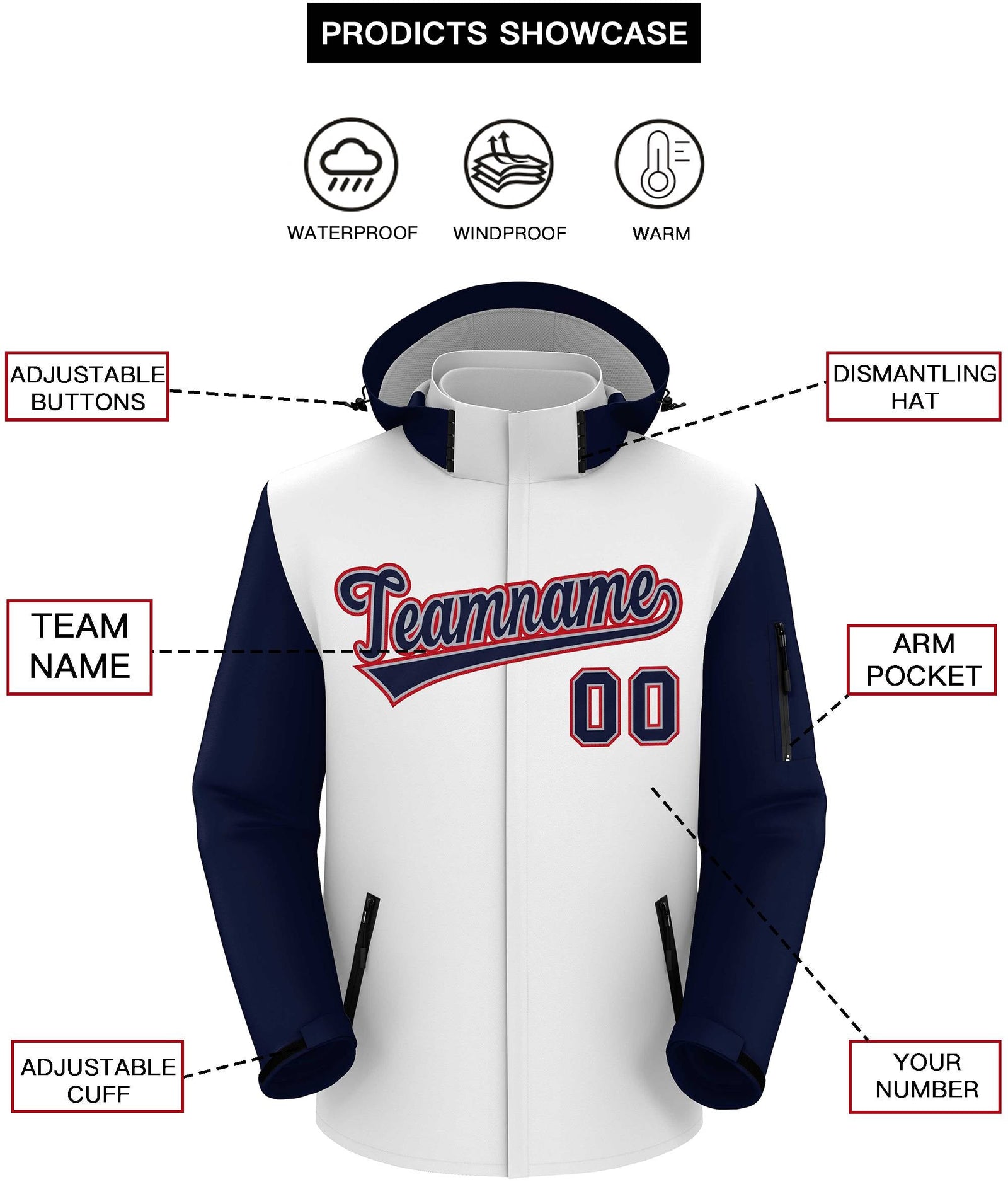 Custom White Navy-Red Raglan Sleeves Waterproof Jacket