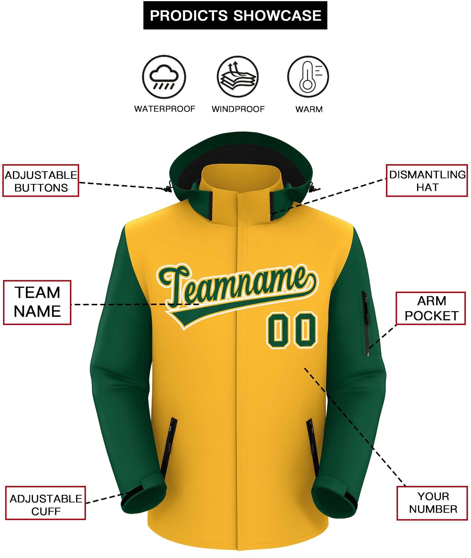 Custom Gold Green-White Raglan Sleeves Waterproof Jacket
