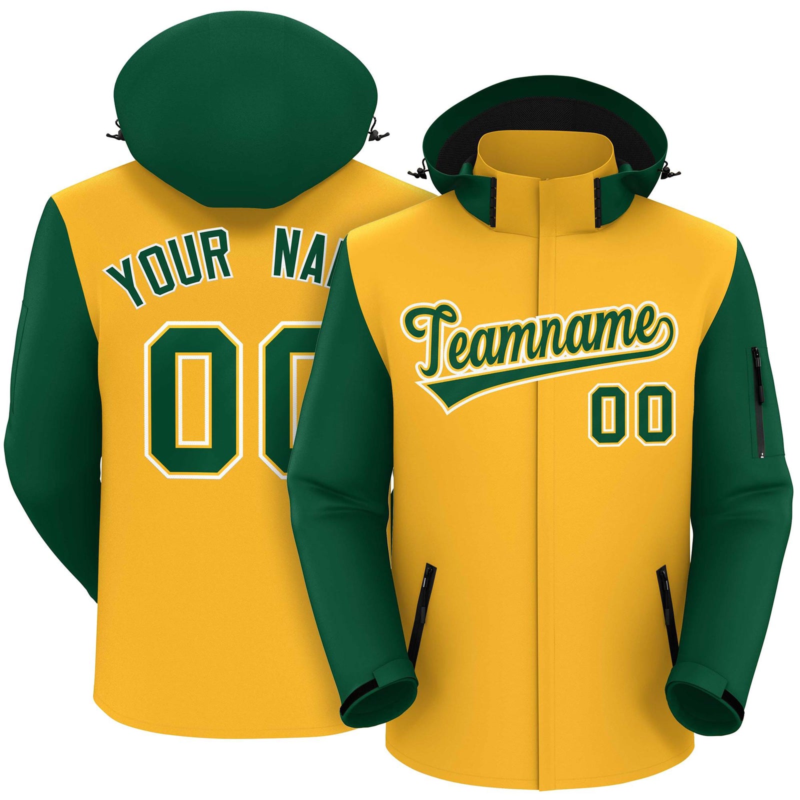 Custom Gold Green-White Raglan Sleeves Waterproof Jacket