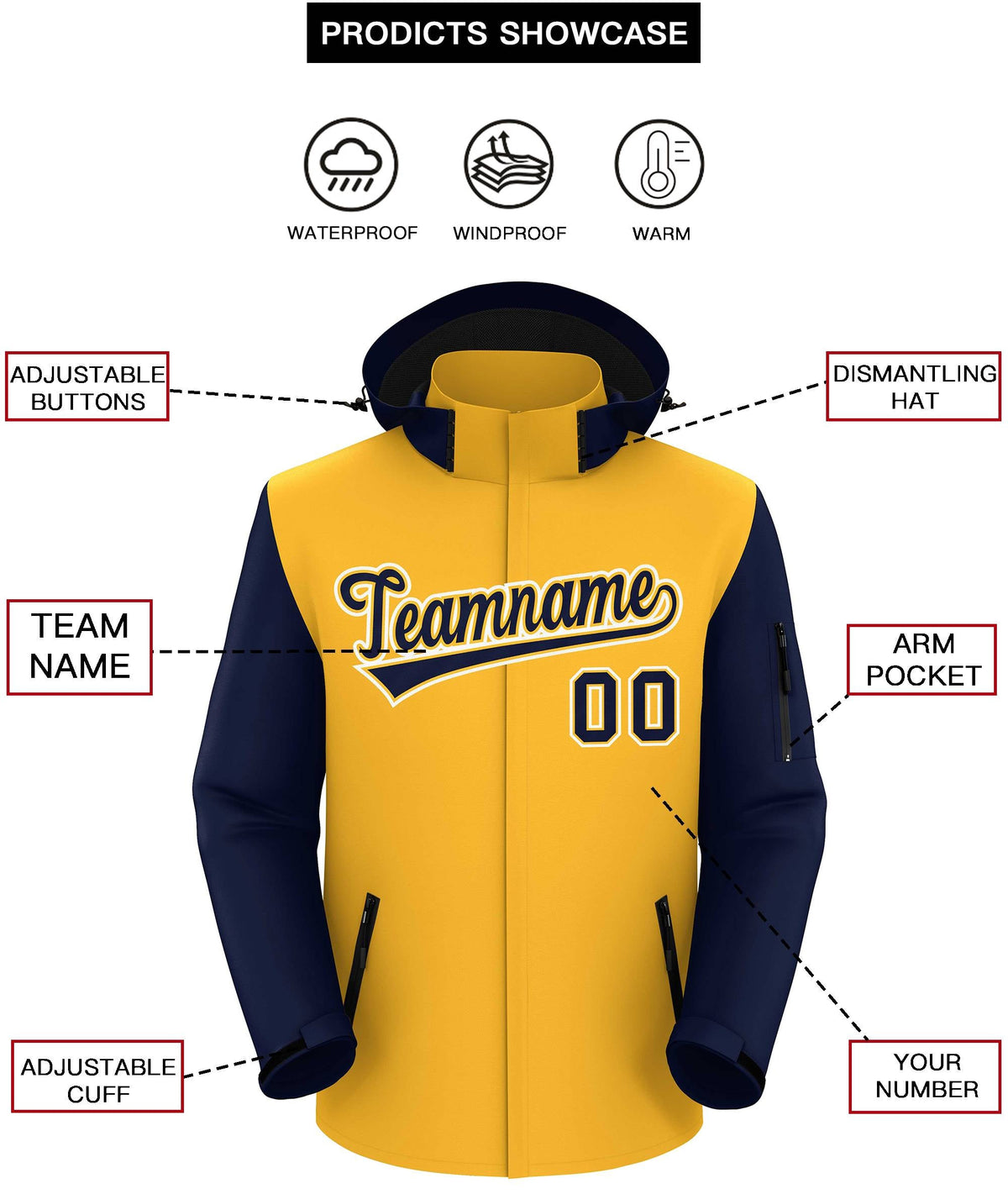 Custom Gold Navy-White Raglan Sleeves Waterproof Jacket