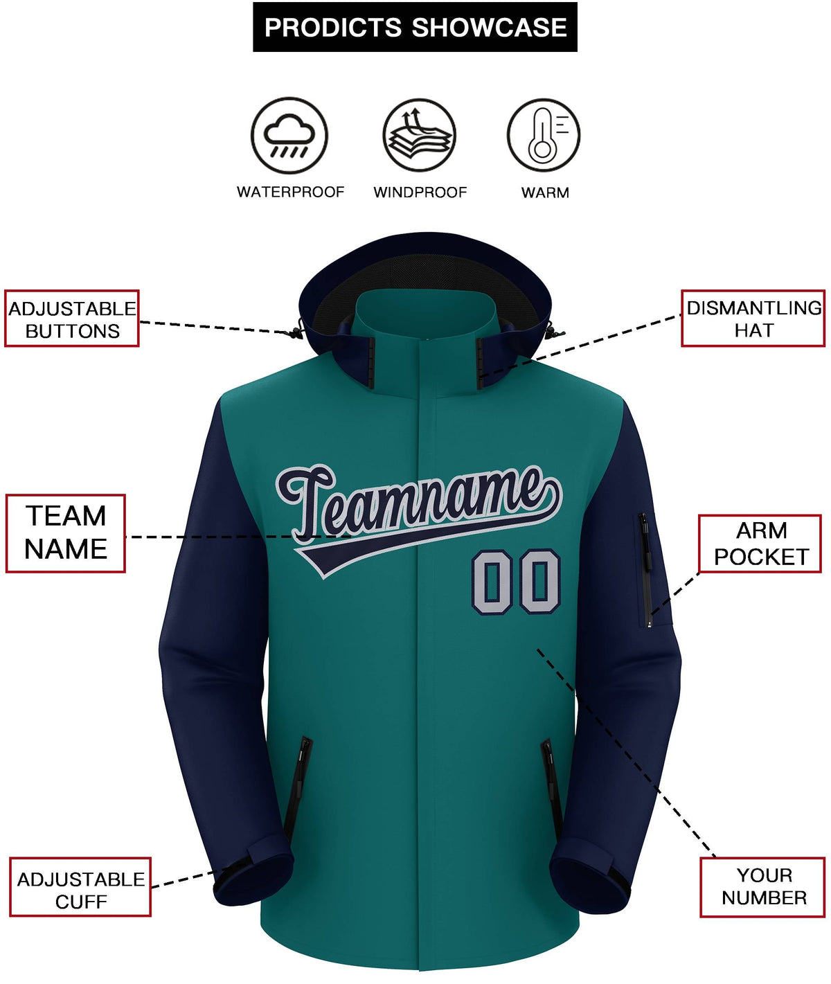 Custom Teal Navy-Gray Raglan Sleeves Waterproof Jacket