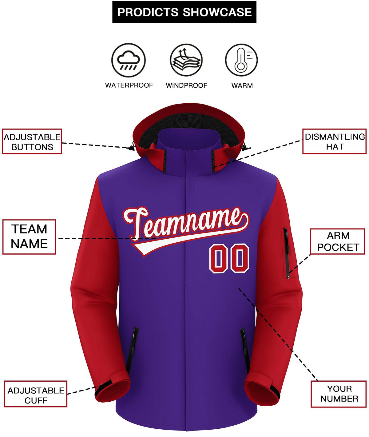 Custom Purple Red-White Raglan Sleeves Waterproof Jacket