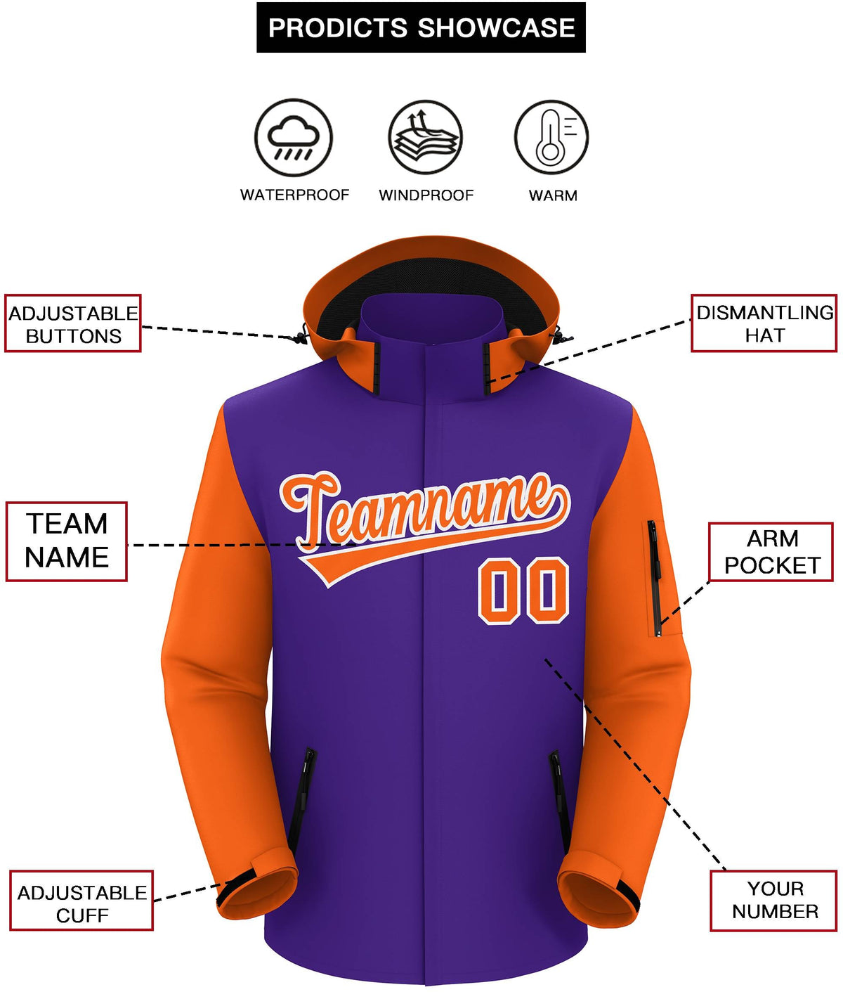 Custom Purple Orange-White Raglan Sleeves Waterproof Jacket