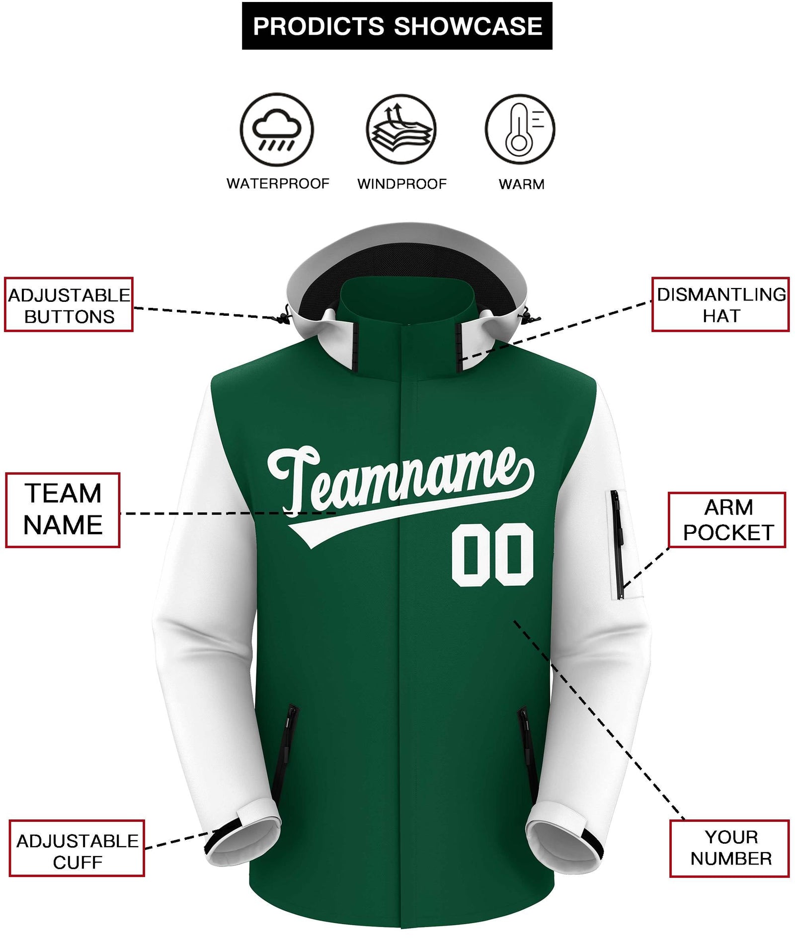 Custom Green White- Raglan Sleeves Waterproof Jacket