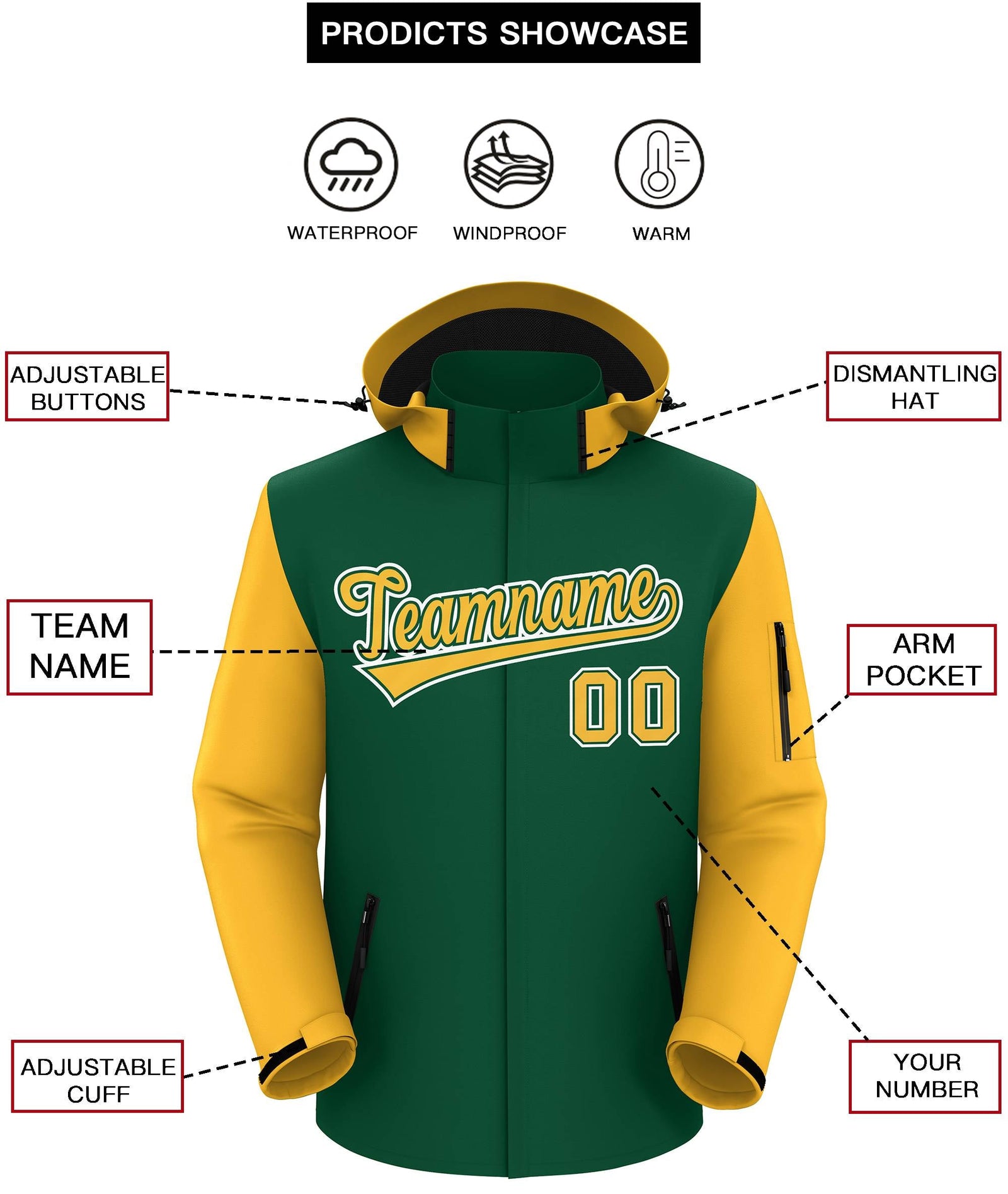 Custom Green Gold-White Raglan Sleeves Waterproof Jacket