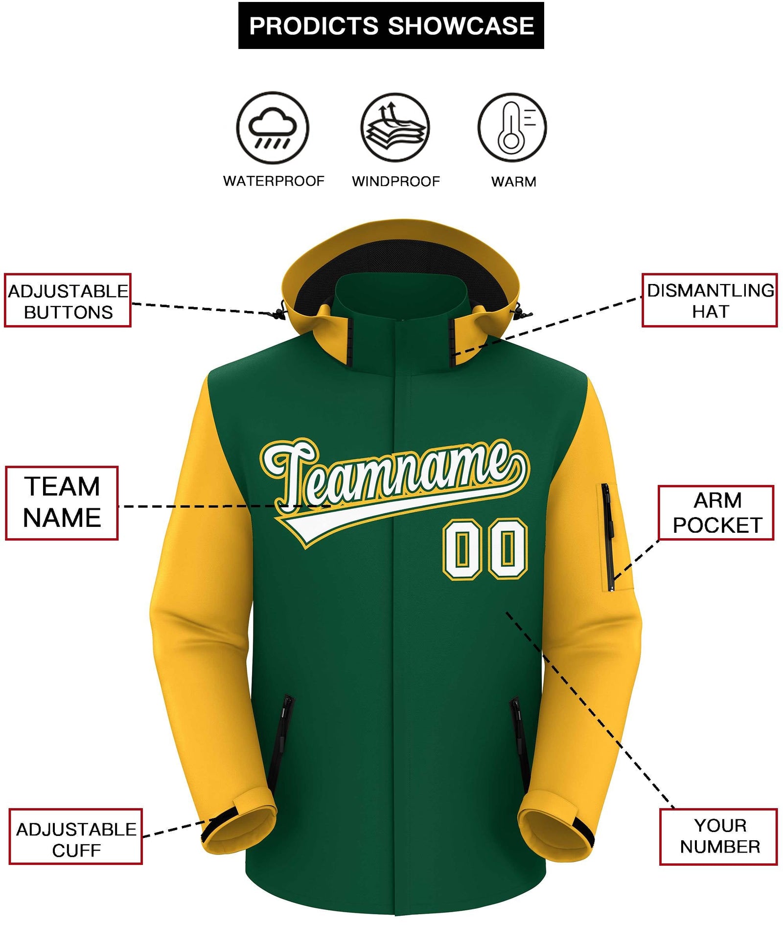 Custom Green Gold-White Raglan Sleeves Waterproof Jacket