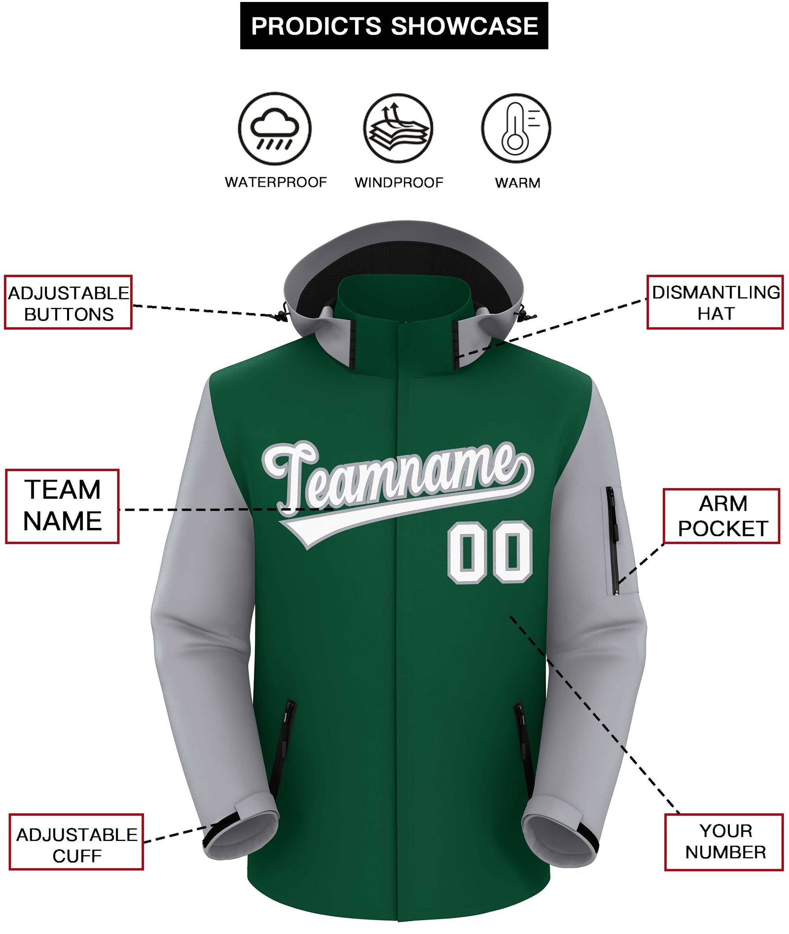Custom Green Gray-White Raglan Sleeves Waterproof Jacket