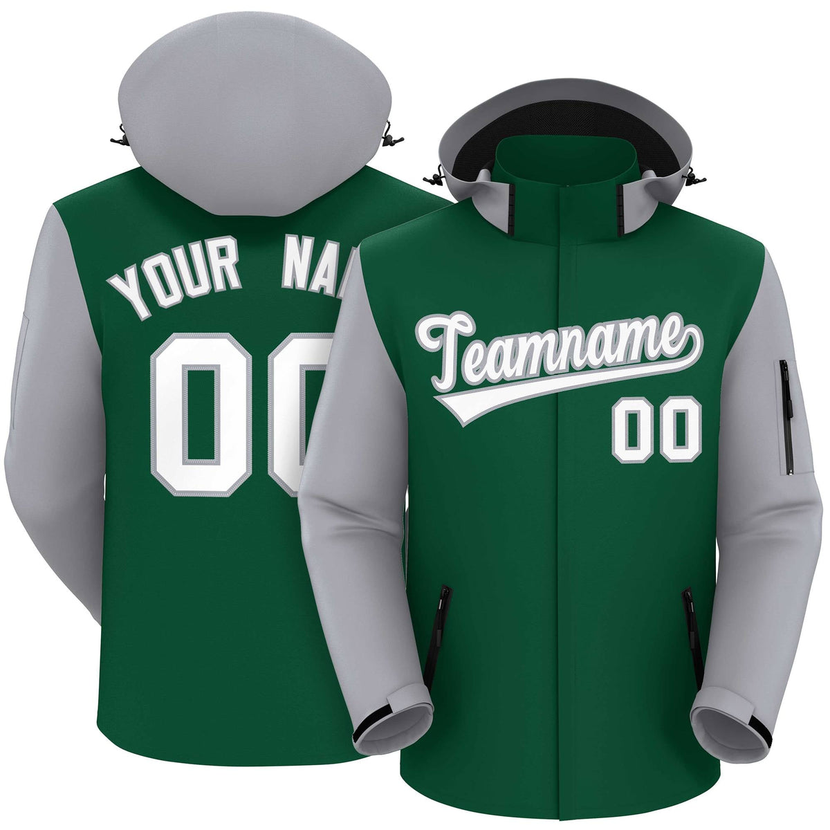 Custom Green Gray-White Raglan Sleeves Waterproof Jacket