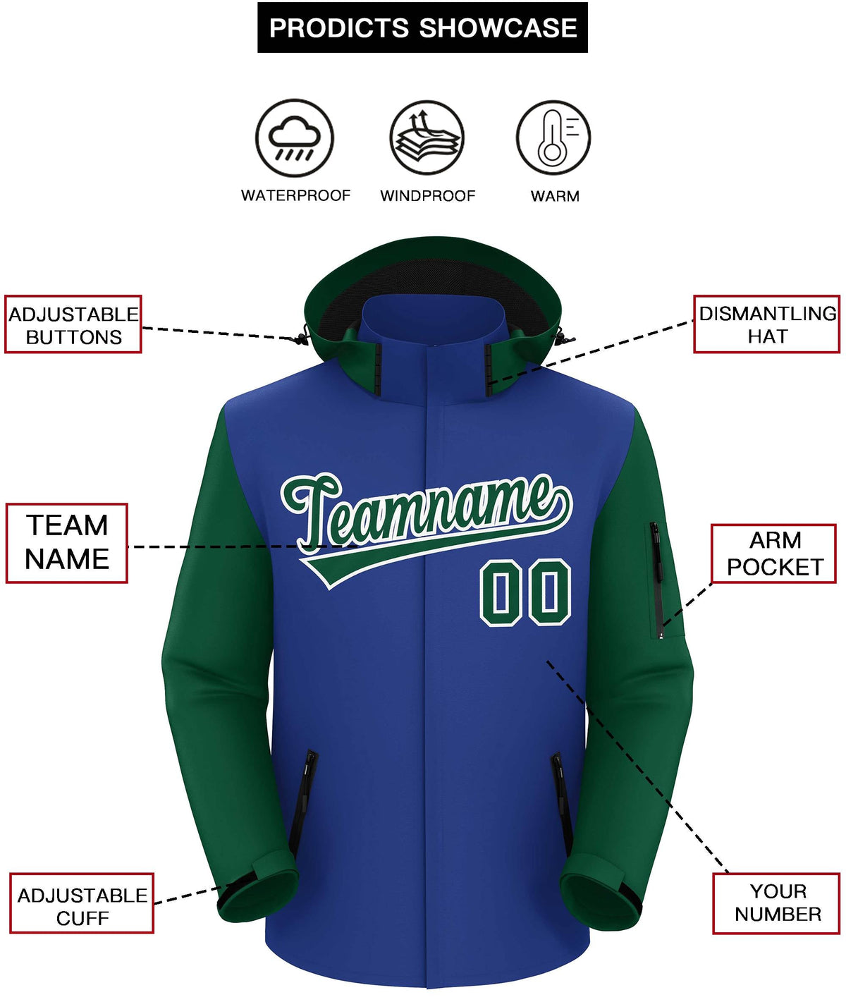 Custom Royal Green-White Raglan Sleeves Waterproof Jacket