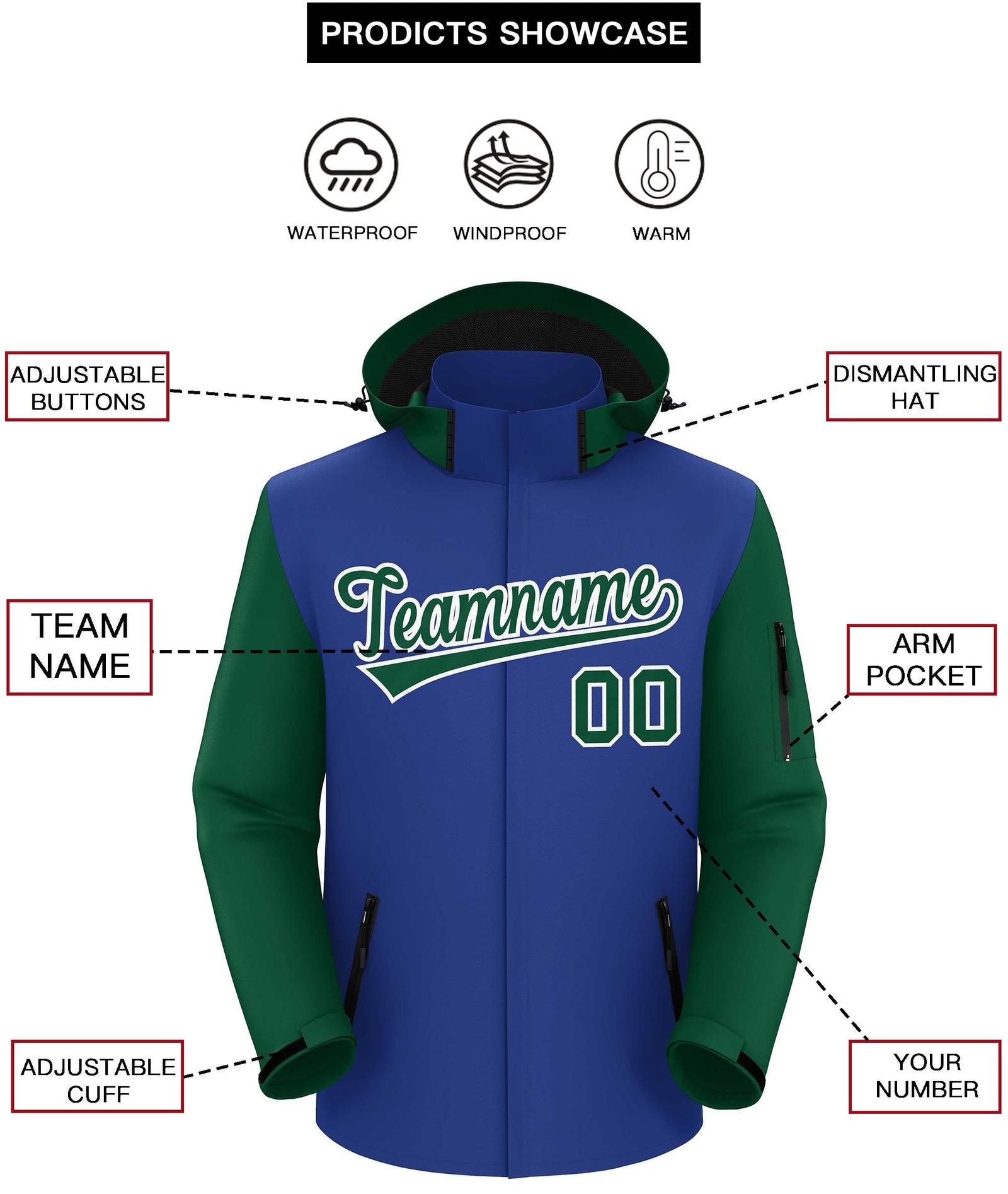 Custom Royal Green-White Raglan Sleeves Waterproof Jacket