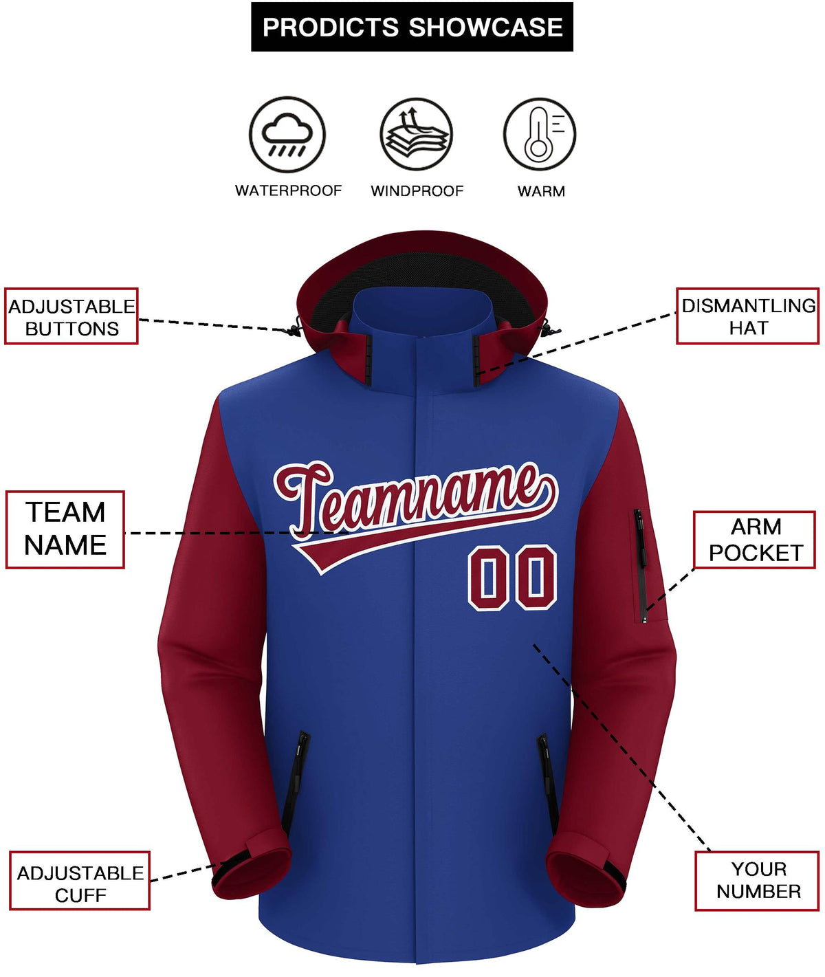 Custom Royal Crimson-White Raglan Sleeves Waterproof Jacket