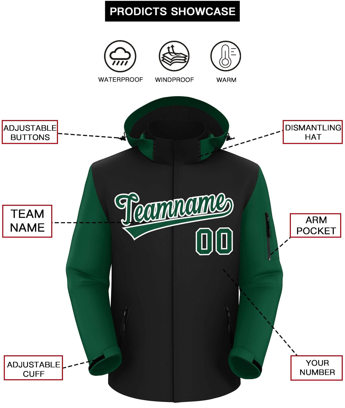Custom Black Green-White Raglan Sleeves Waterproof Jacket