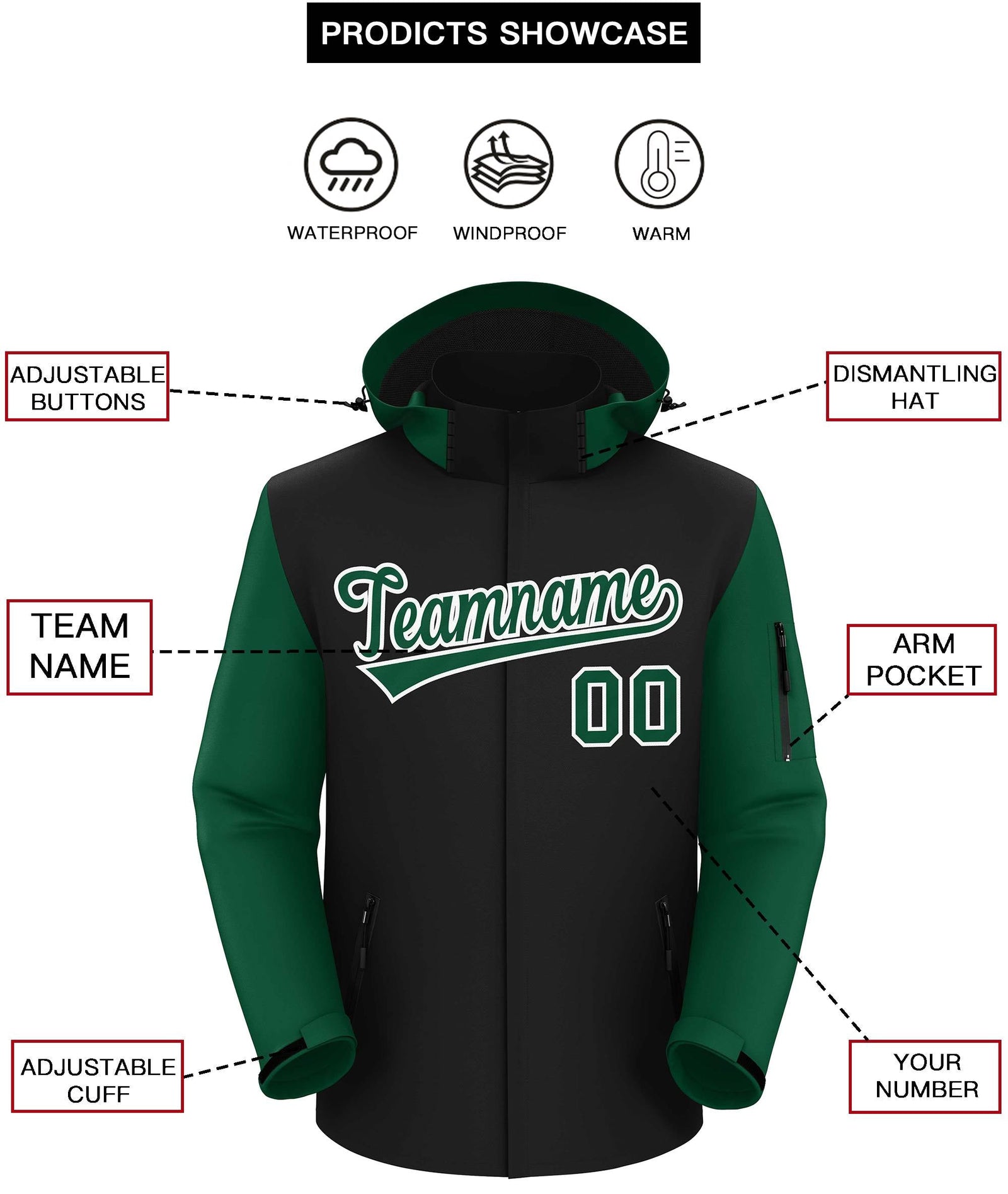Custom Black Green-White Raglan Sleeves Waterproof Jacket