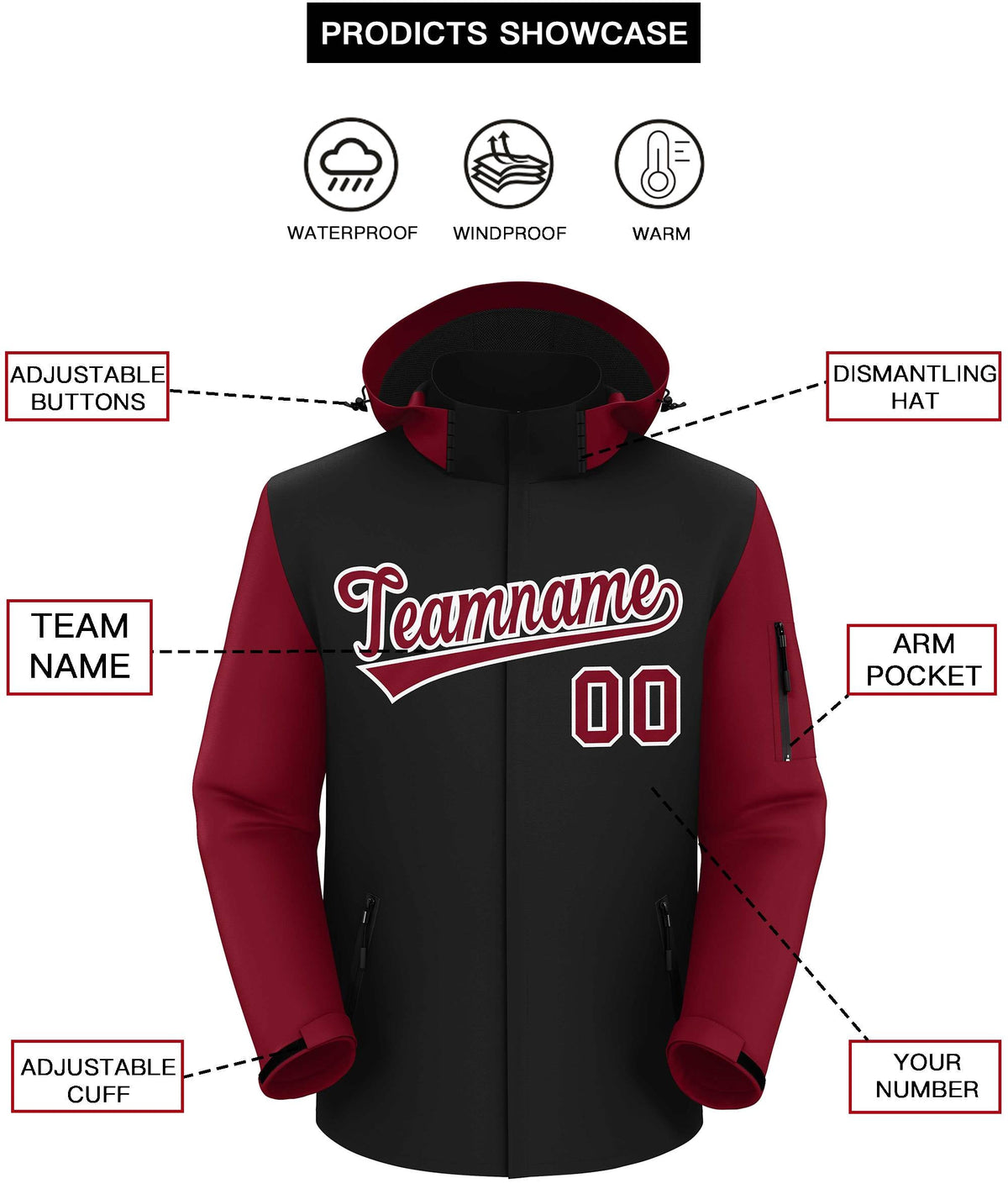 Custom Black Crimson-White Raglan Sleeves Waterproof Jacket