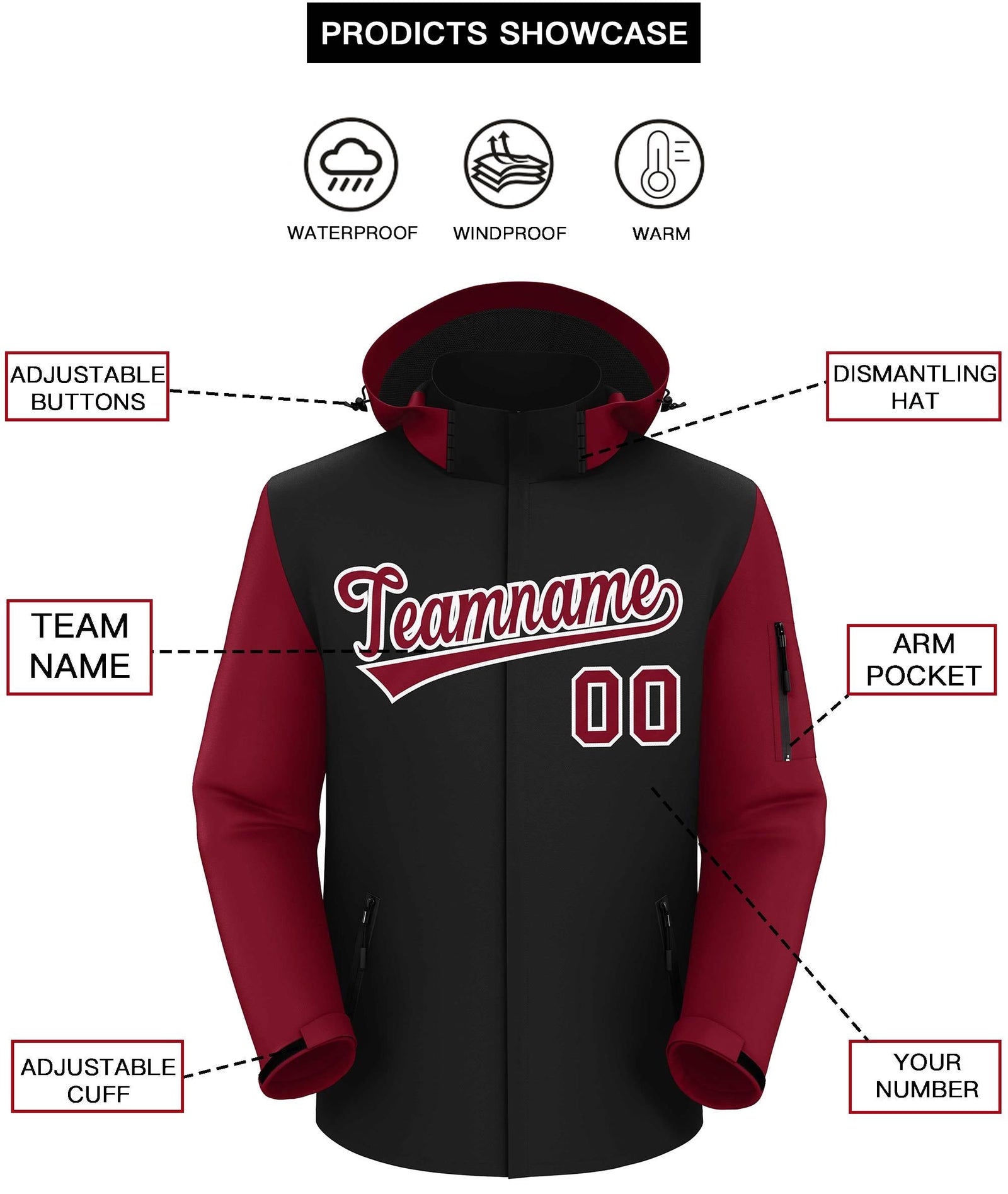 Custom Black Crimson-White Raglan Sleeves Waterproof Jacket