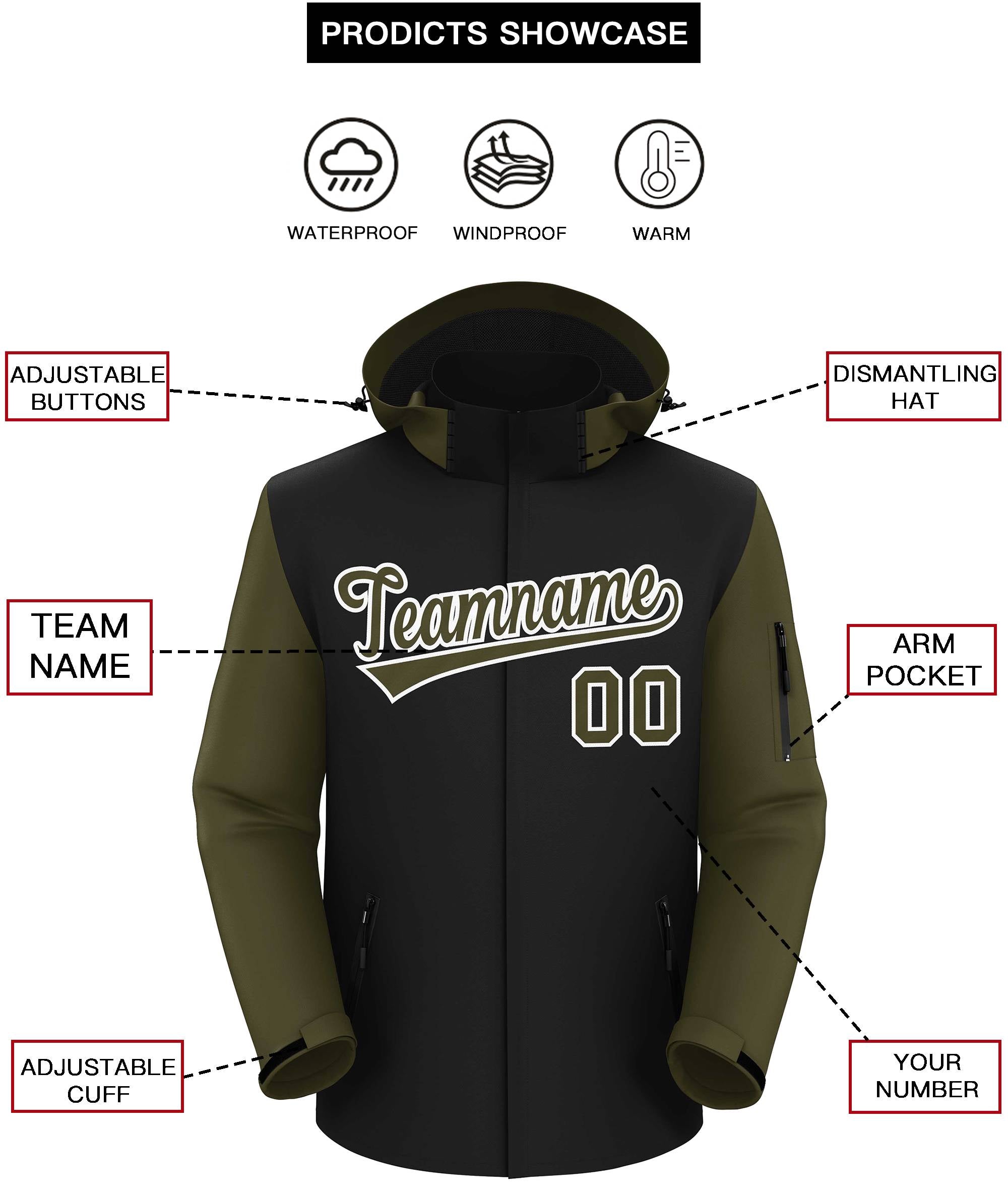 Custom Black Olive-White Raglan Sleeves Waterproof Jacket