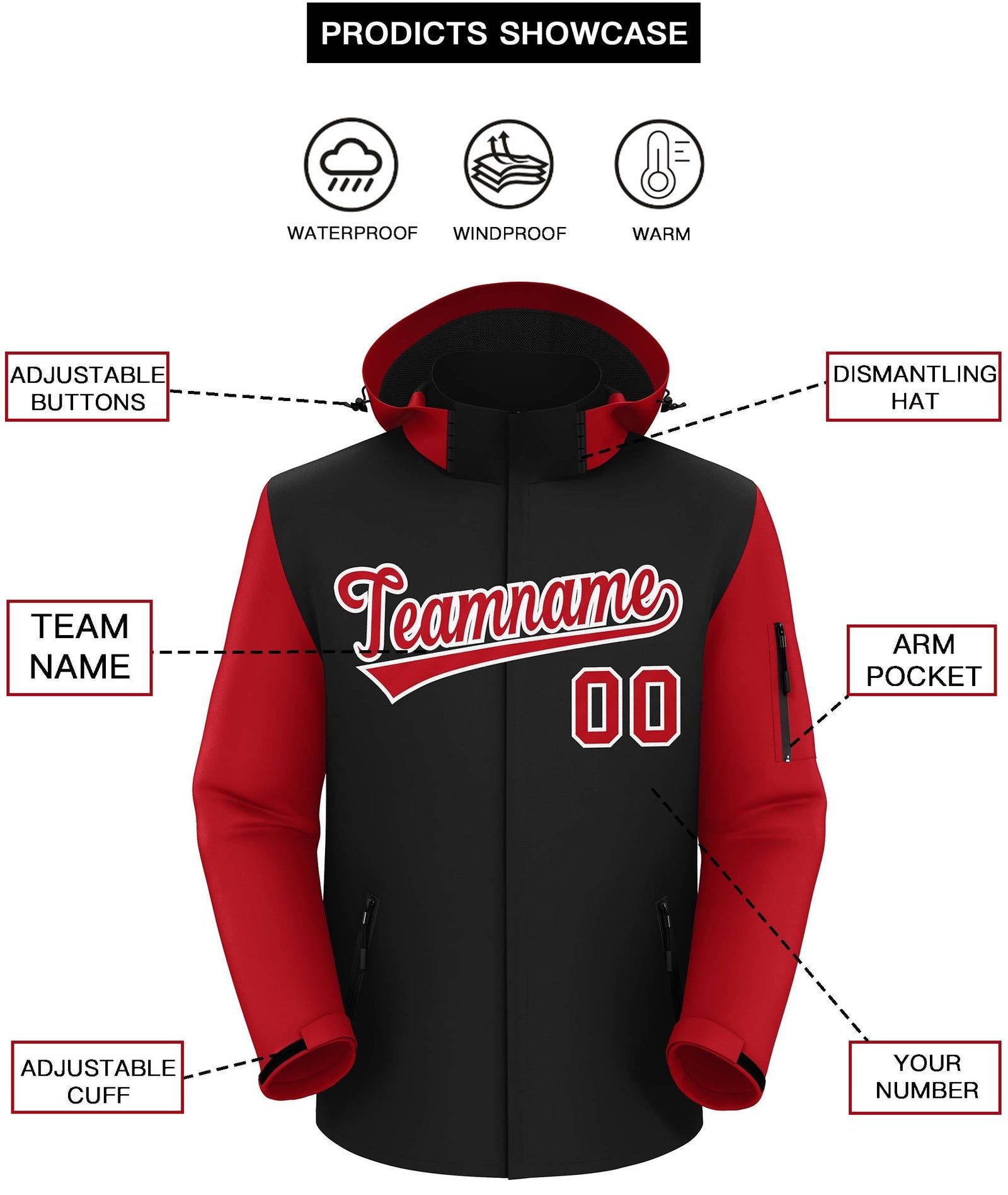 Custom Black Red-White Raglan Sleeves Waterproof Jacket