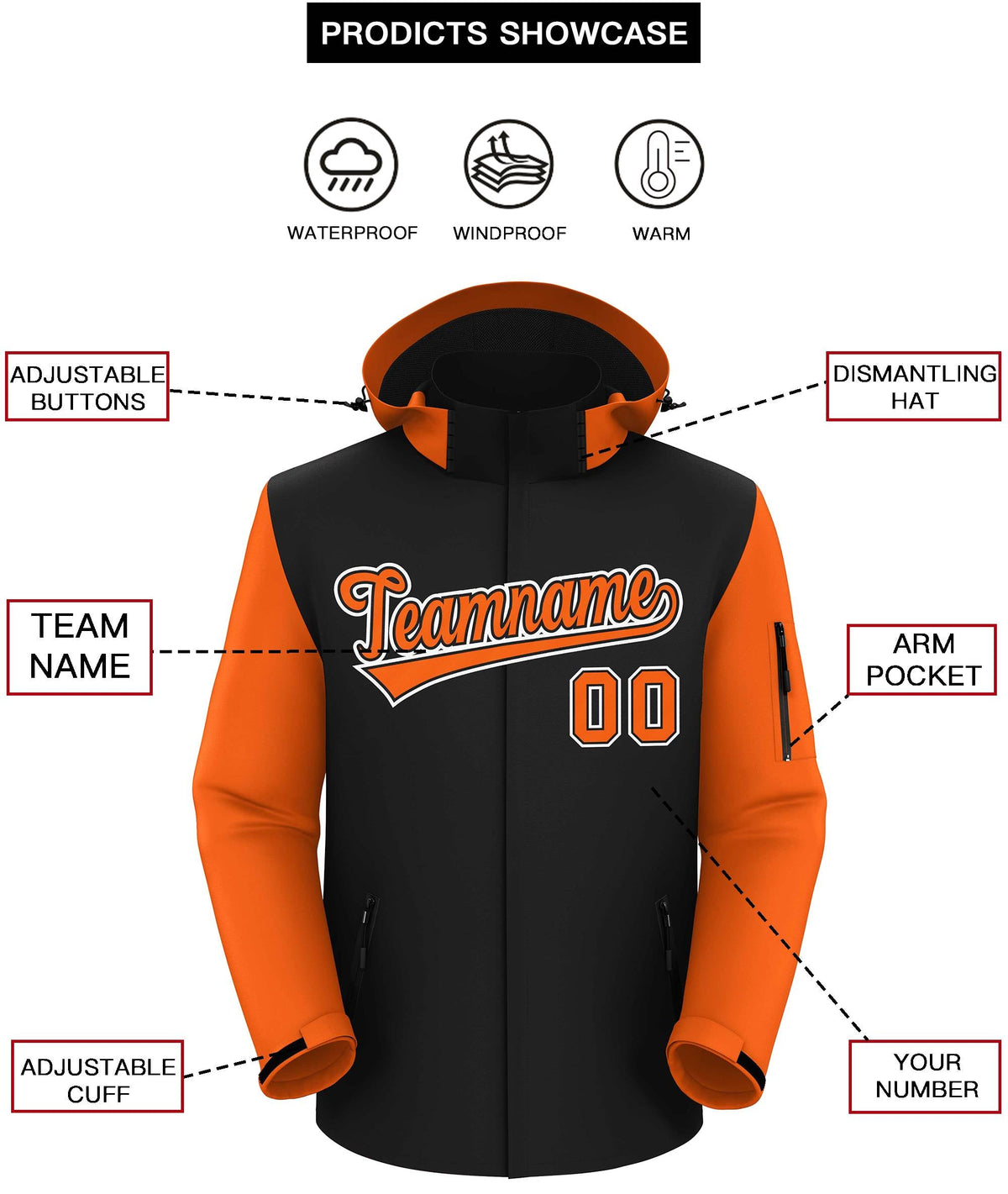 Custom Black Orange-White Raglan Sleeves Waterproof Jacket