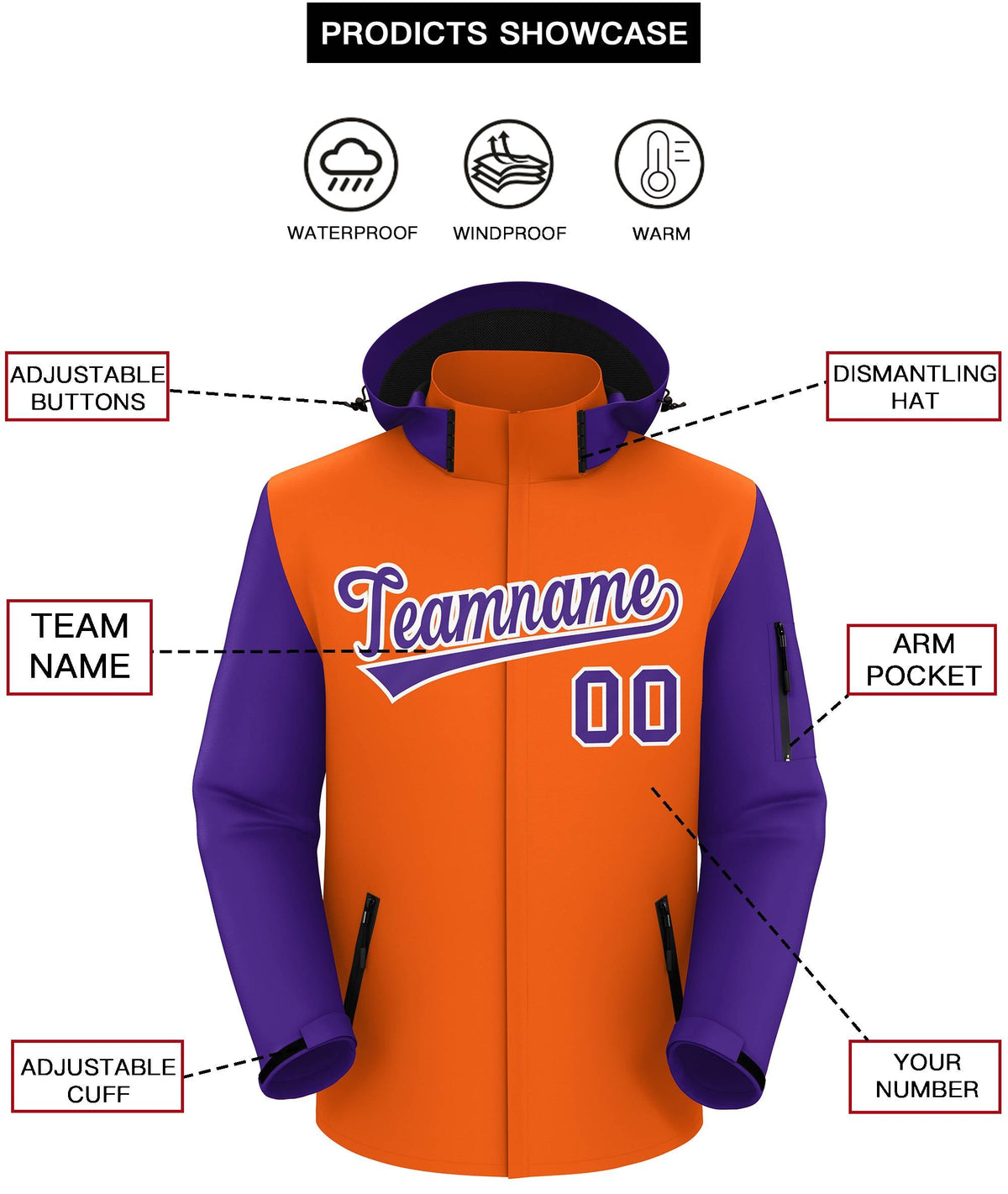 Custom Orange Purple-White Raglan Sleeves Waterproof Jacket