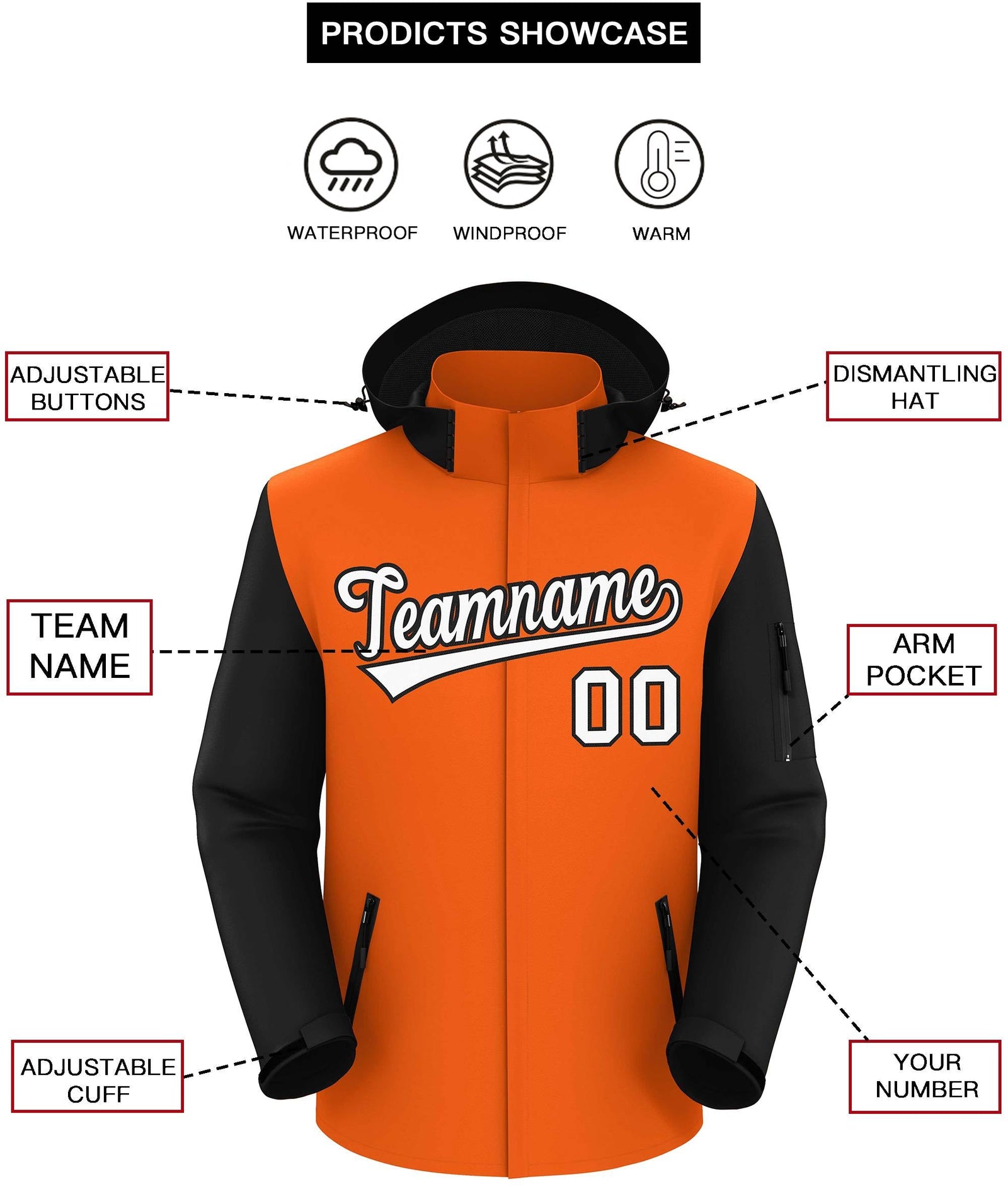 Custom Orange Black-White Raglan Sleeves Waterproof Jacket